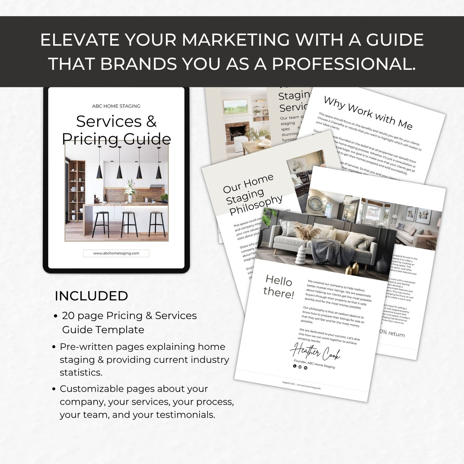20-page home staging services guide template spread showing meet the team, philosophy, how I work, testimonials, and additional services pages in neutral tones