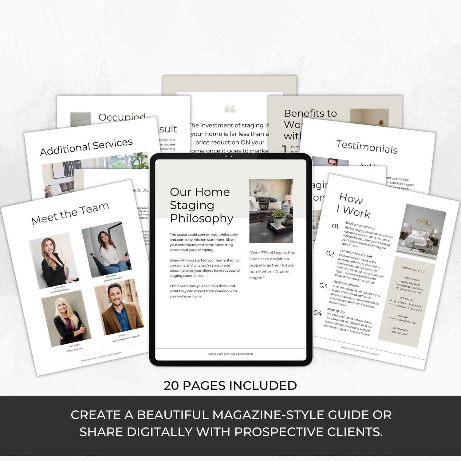 Home staging pricing guide template shown on tablet with welcome page and occupied staging consult page for use at presentations and as a realtor lead magnet