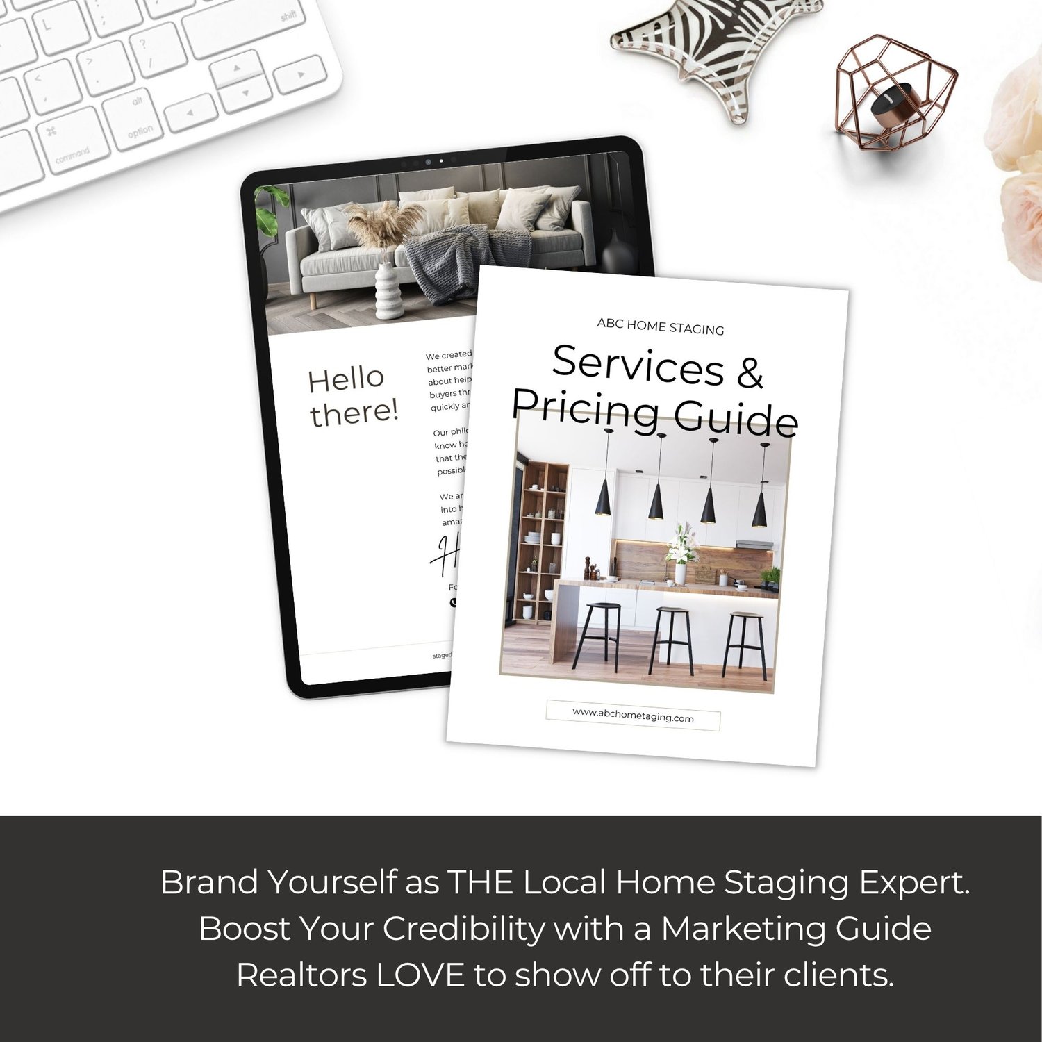 Home staging services and pricing guide Canva template displayed on tablet and as printed guide to help stagers brand themselves as the local staging expert