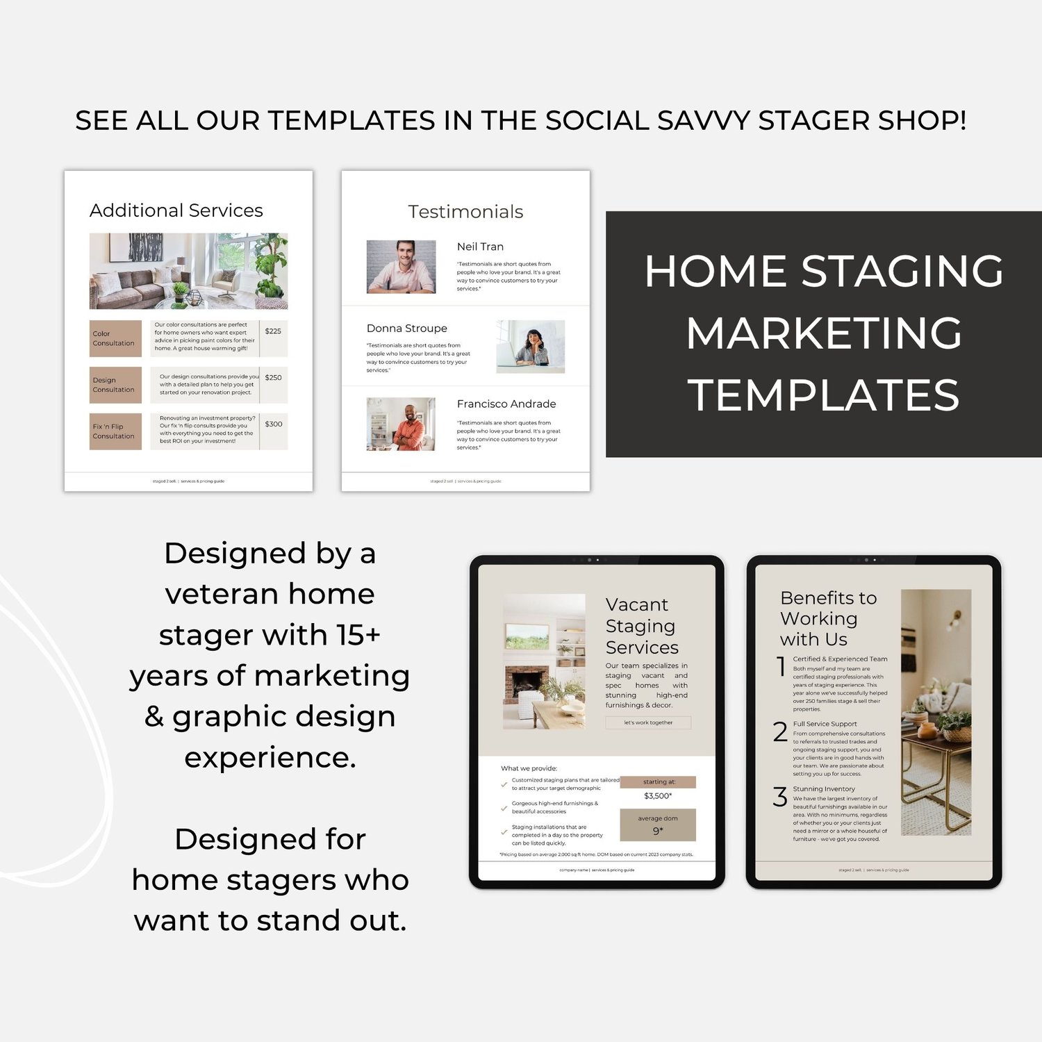 Home staging marketing templates showing additional services, testimonials, vacant staging, and benefits pages designed by a veteran home stager