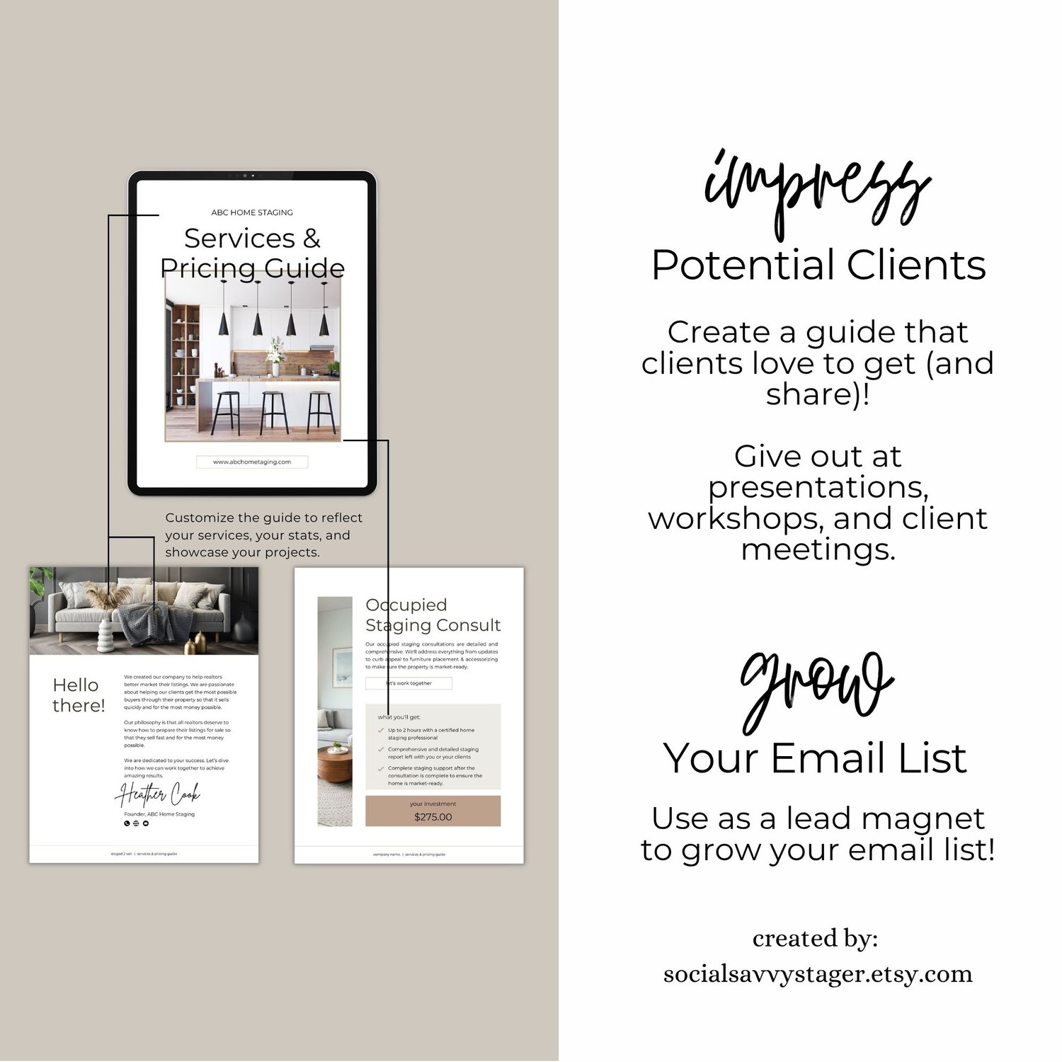 Home staging pricing and services guide template cover showing services and pricing guide, philosophy page, and hello page in warm brown and neutral tones