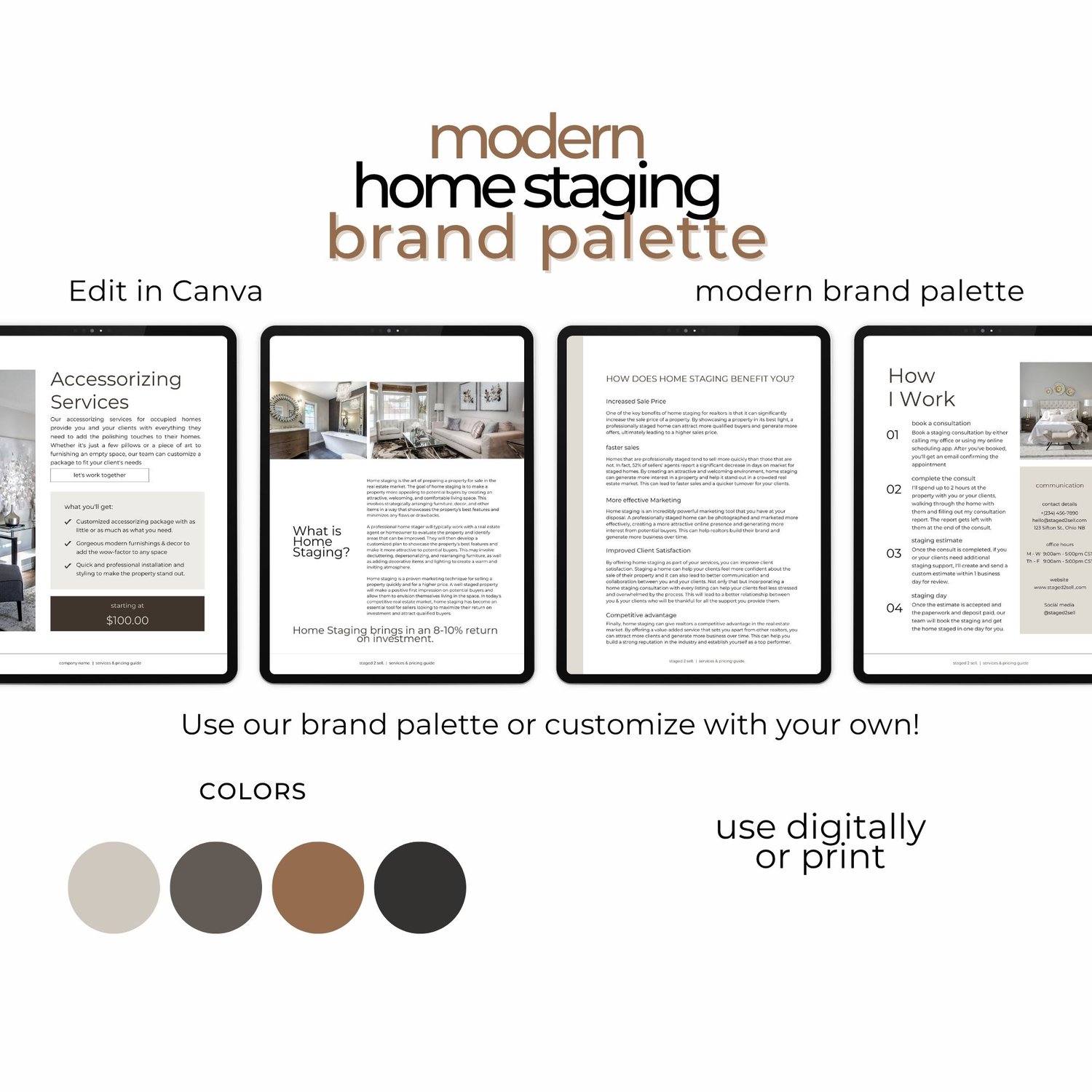 Modern home staging brand palette Canva template showing what is home staging, accessorizing services, and how I work pages with neutral color swatches