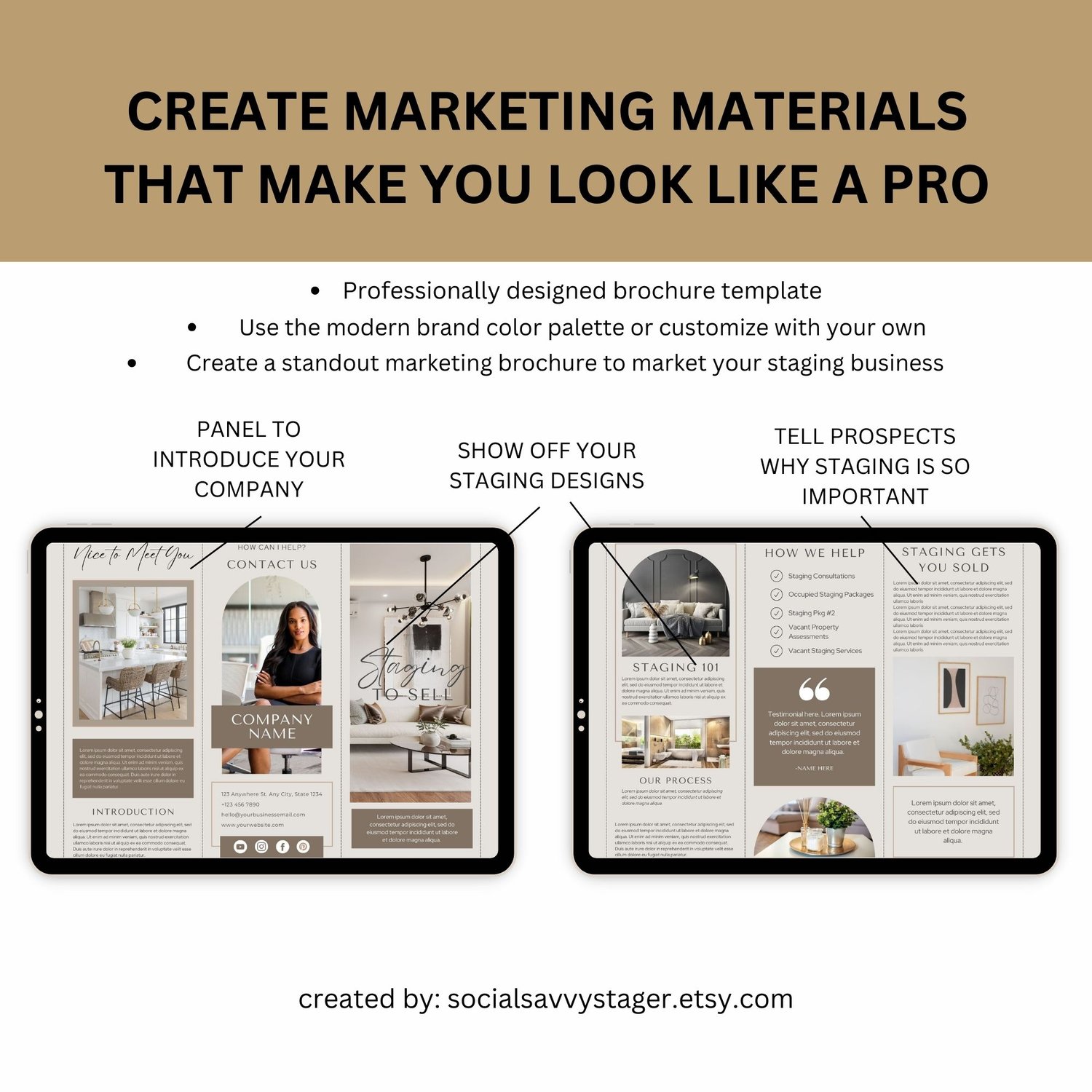 Home staging marketing template displayed on two tablets showing both pages of the trifold brochure with company intro, staging designs, and services panels