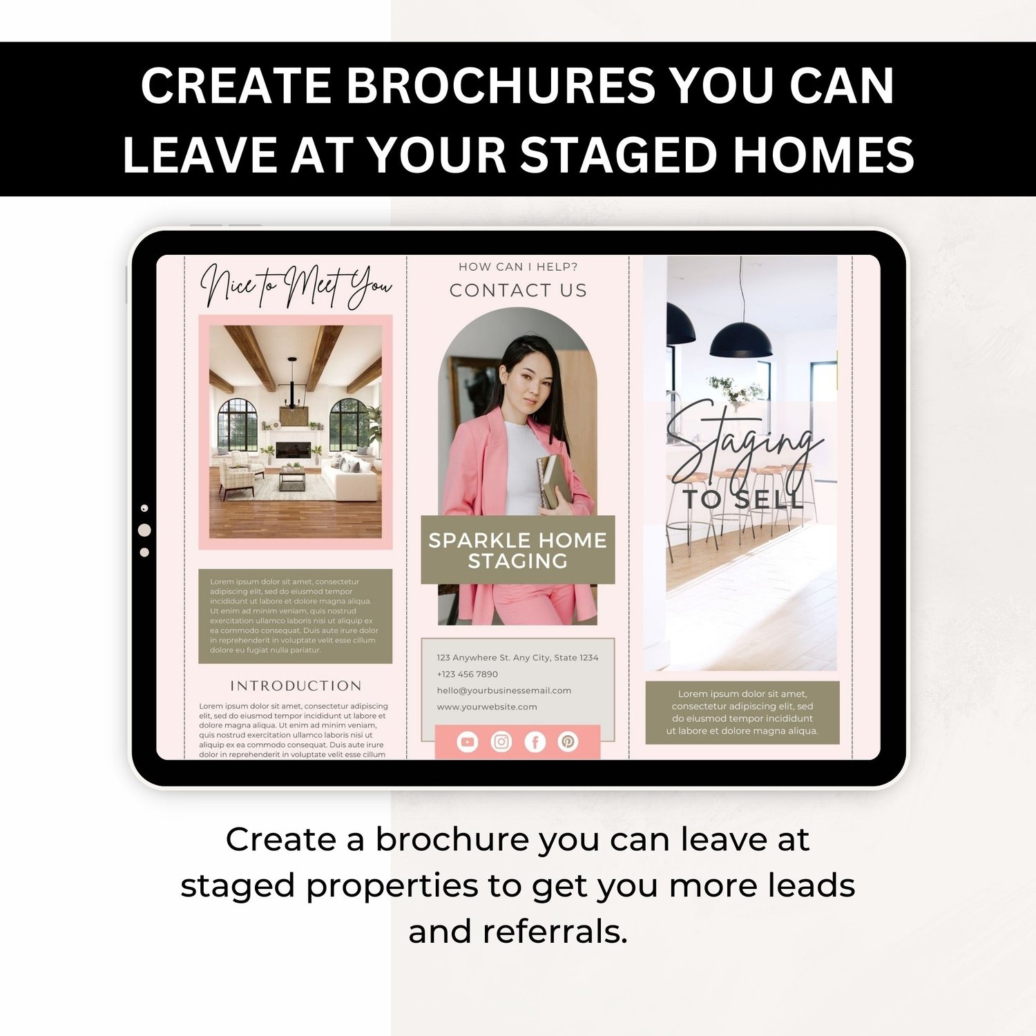 Customizable home staging brochure template shown on tablet in pink color scheme for leaving at staged properties to generate leads and referrals