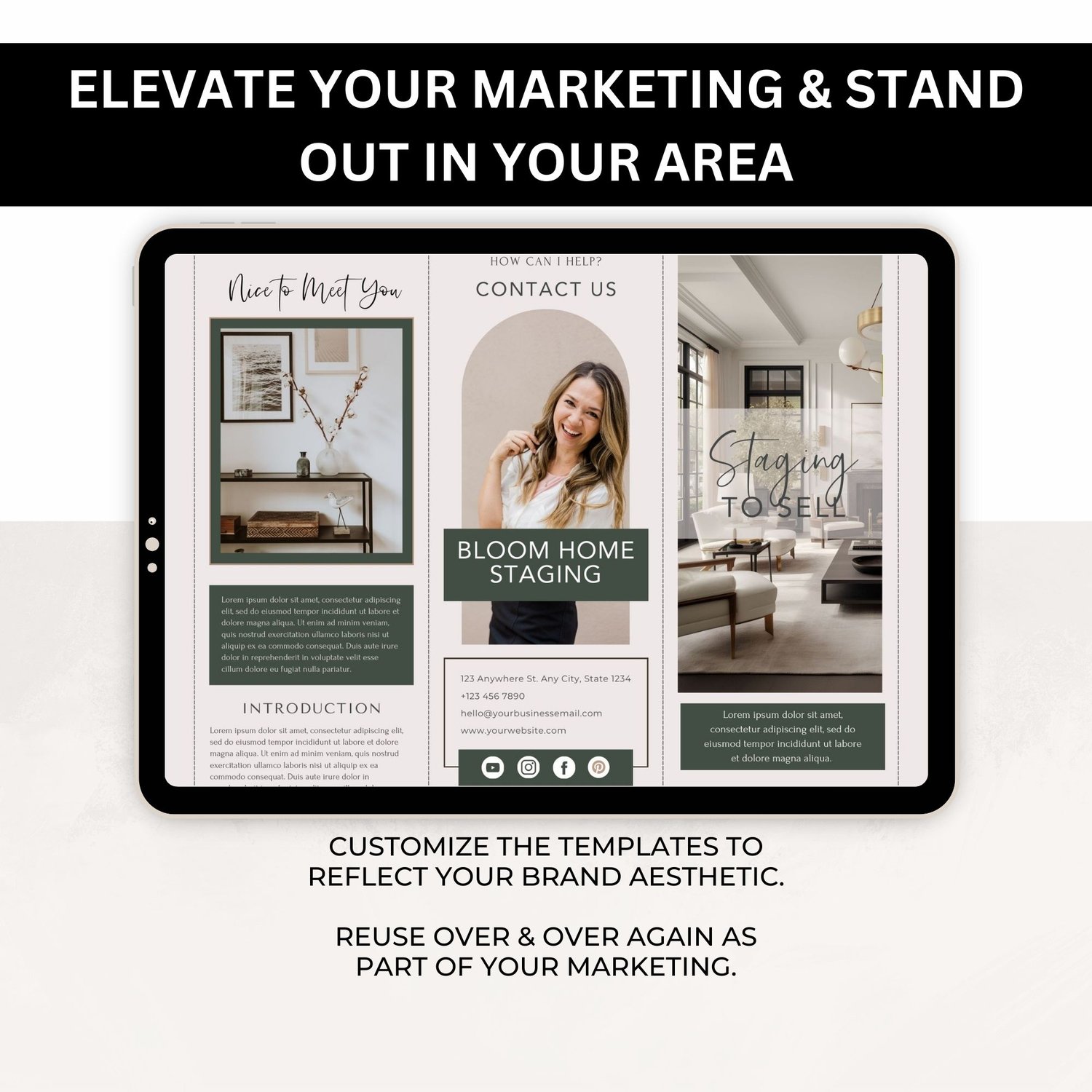 Home staging Canva brochure template shown on tablet in green color scheme with nice to meet you, contact us, and staging to sell panels fully customizable