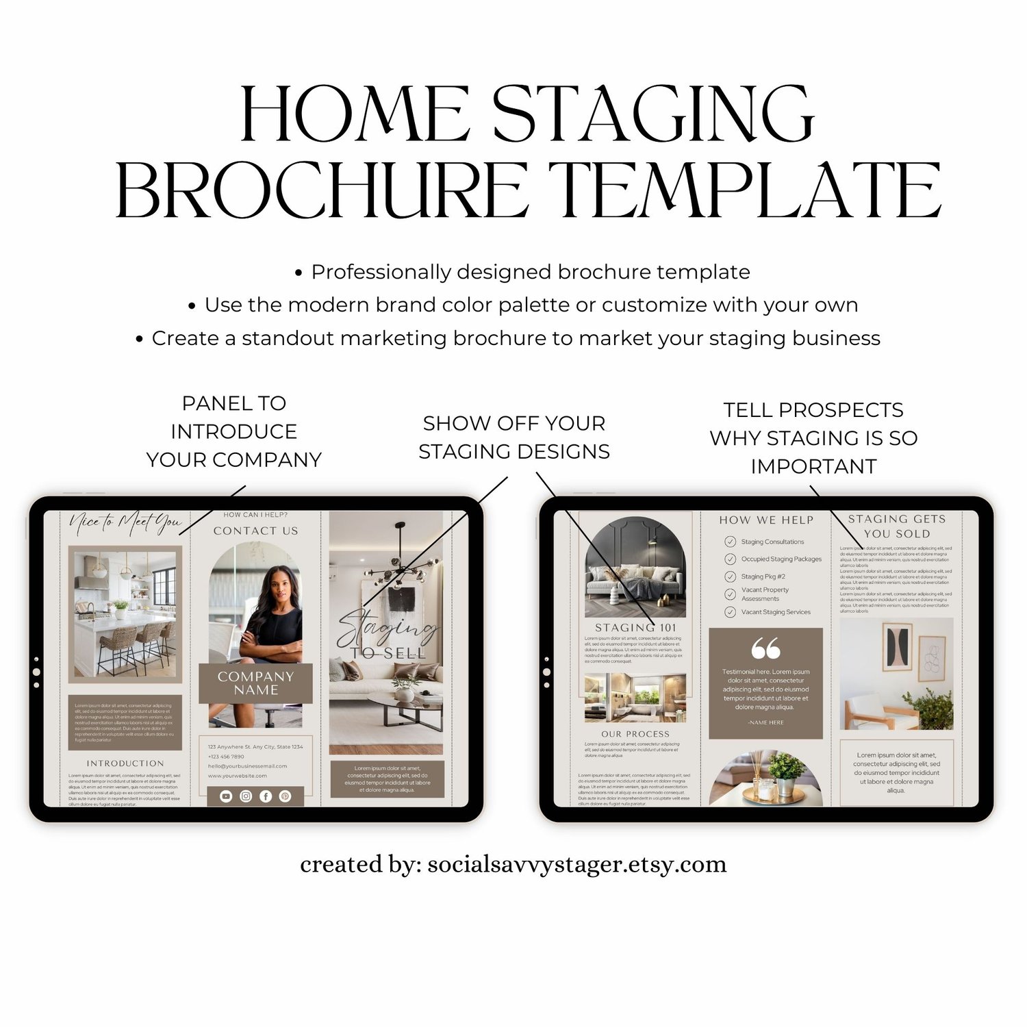 Home staging brochure template showing both front and back panels of template