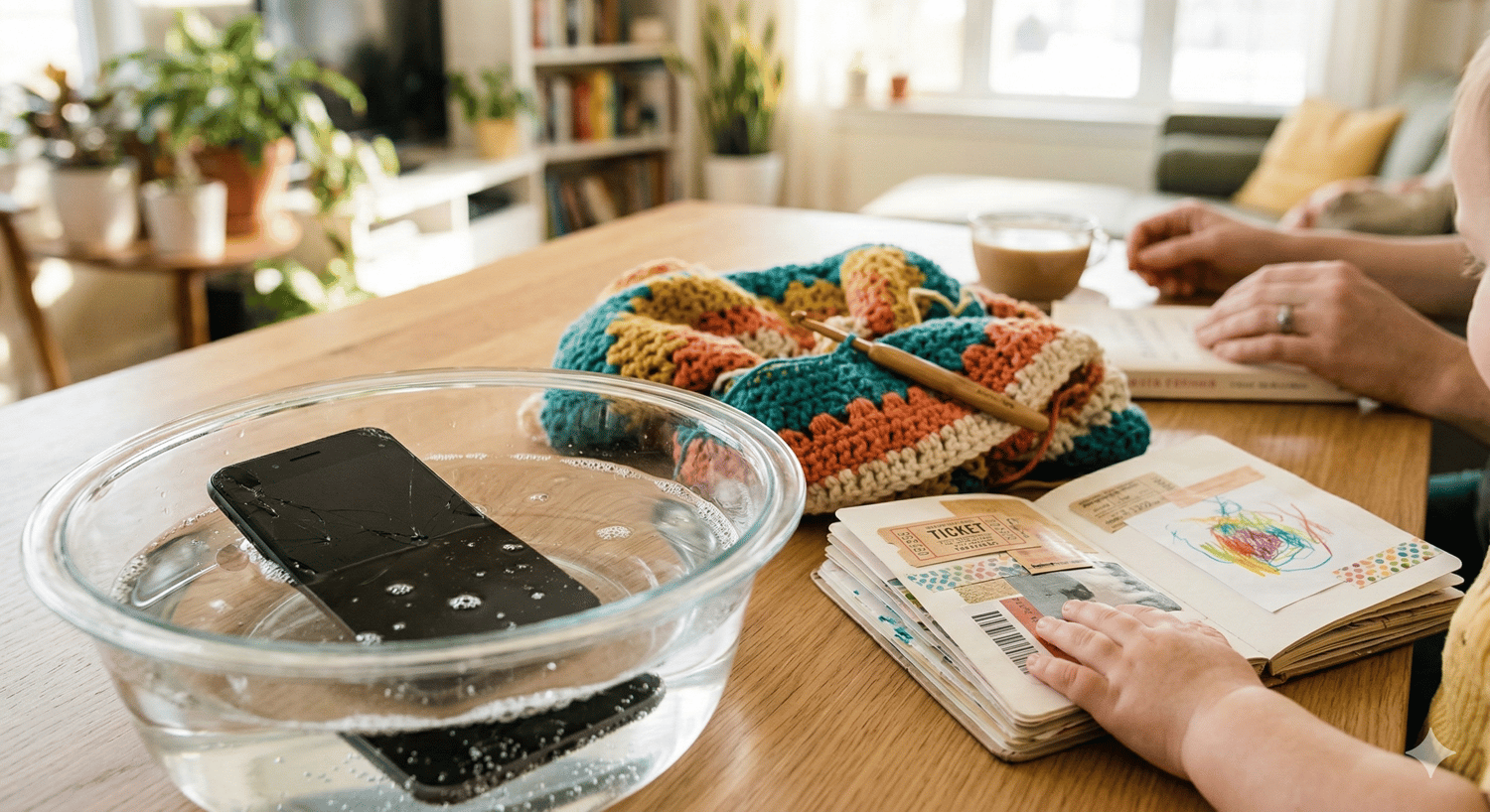 A candid photograph captures a moment around a wooden table in a light-filled living room. The foreground shows a baby’s hands flipping through a small scrapbook containing a drawing of scribbled lines, tape, and a ticket. Next to the baby is a crocheted 