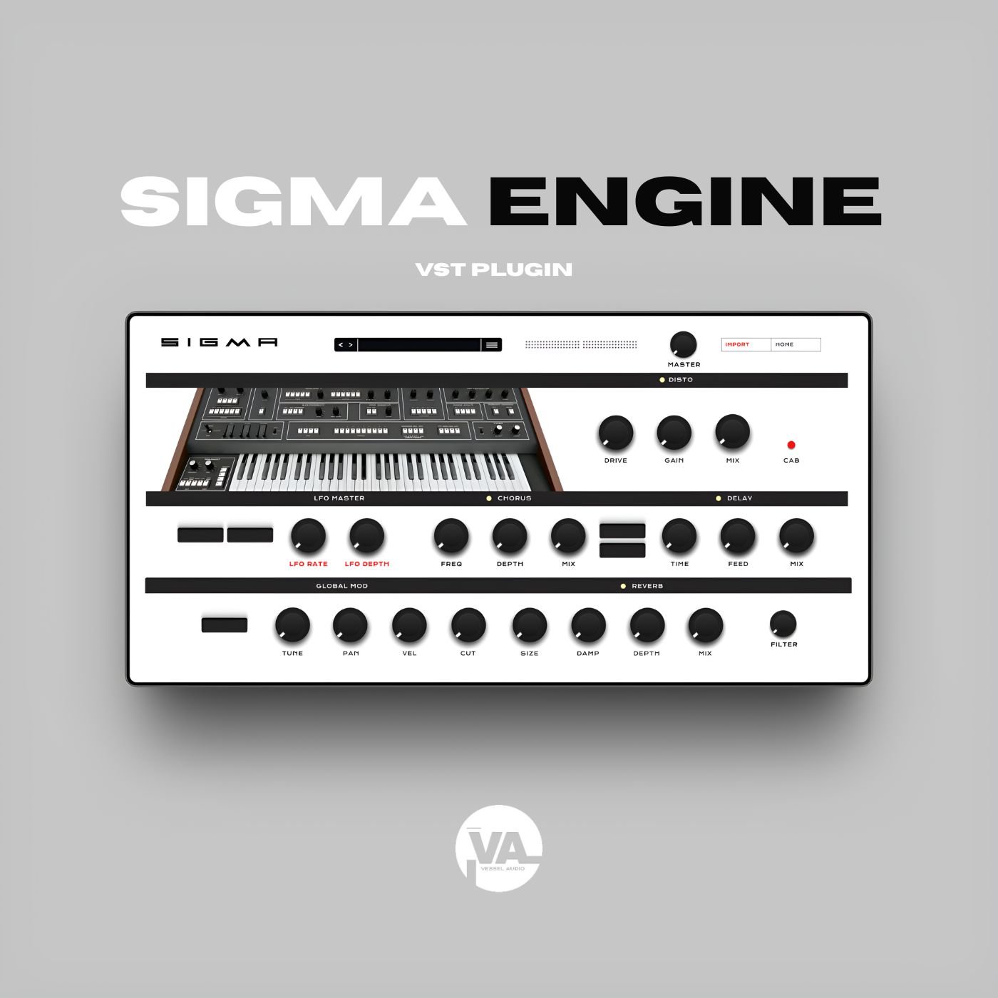 Sigma Engine VST plugin interface by Vessel Audio featuring a virtual synthesizer with knobs for distortion, LFO, chorus, delay, and reverb.