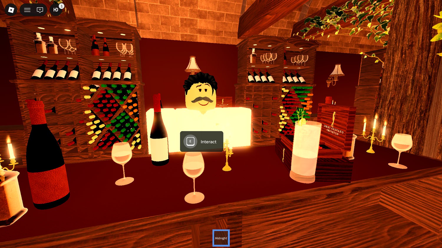 Rustic wine cellar restaurant Roblox game interior