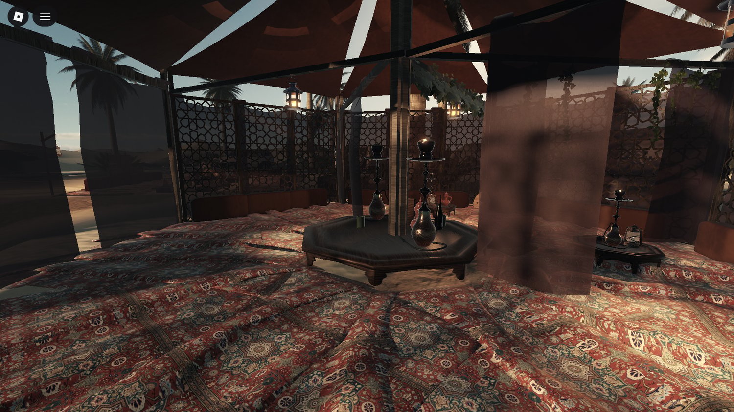 Arabian desert oasis Roblox environment with palm trees