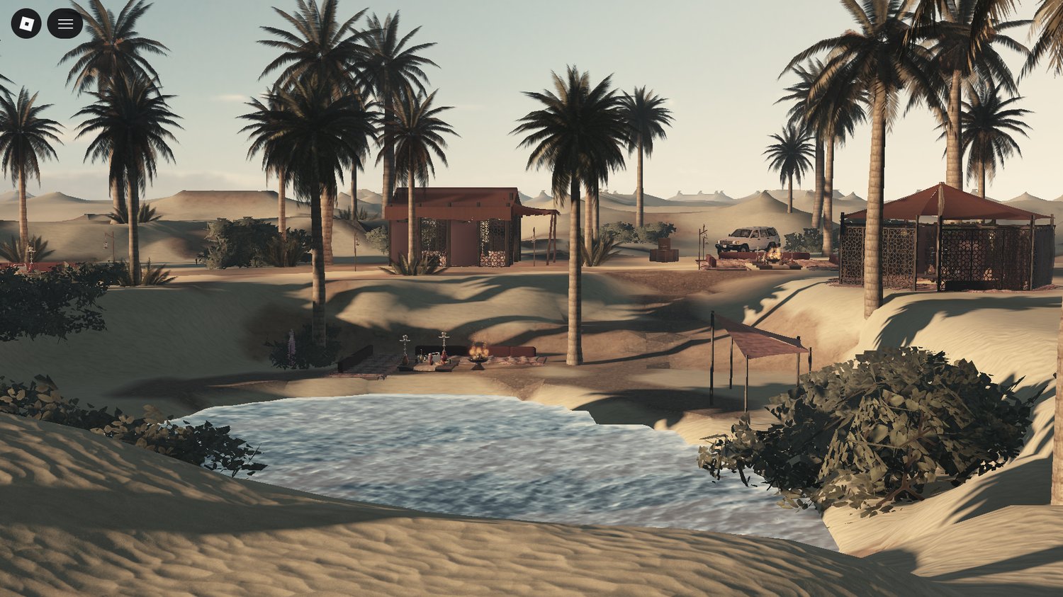 Roblox oasis scene with small lake in desert