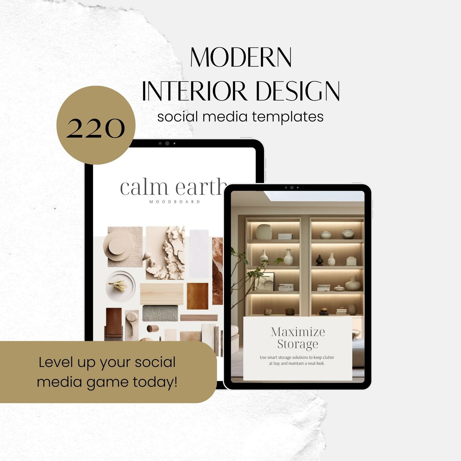 220 interior design social media templates showing moodboards, design tips, decorating tips, quotes, services posts, carousels, and highlight covers for Instagram