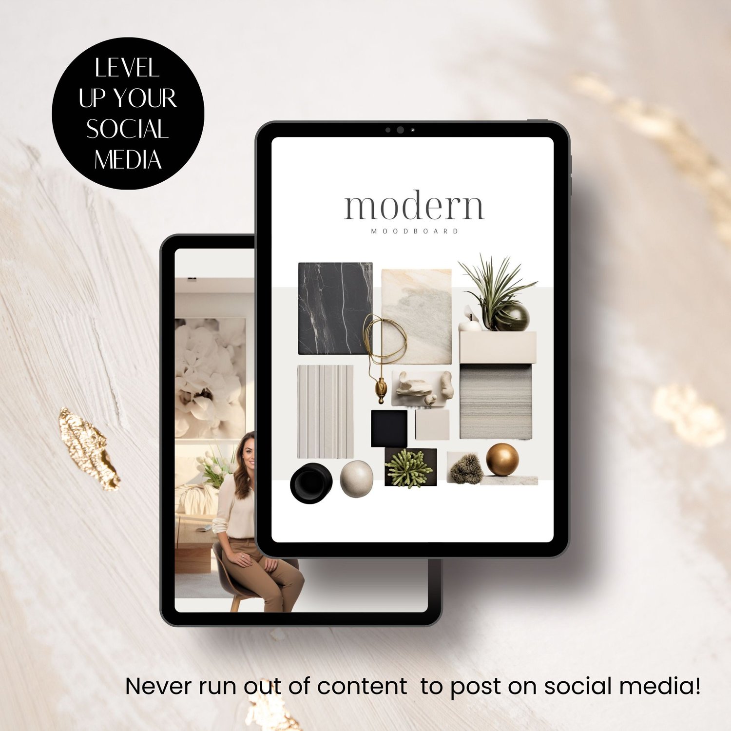 220 modern interior design Canva templates including ocean vibes moodboard, design quote post, curtain tips carousel, and interior design trends posts with done-for-you content