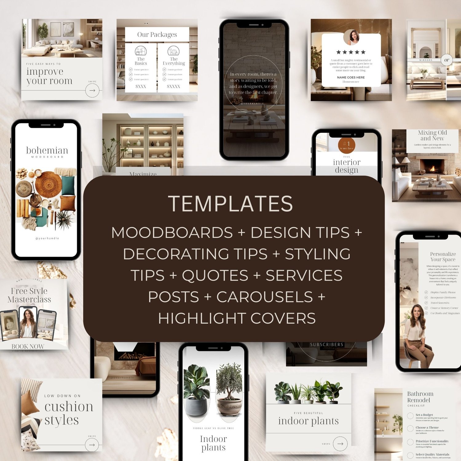 Interior design Instagram templates editable in Canva showing mirrors tip post, book your consult post, decluttering carousel, customer testimonial, and mixing old and new styling tip
