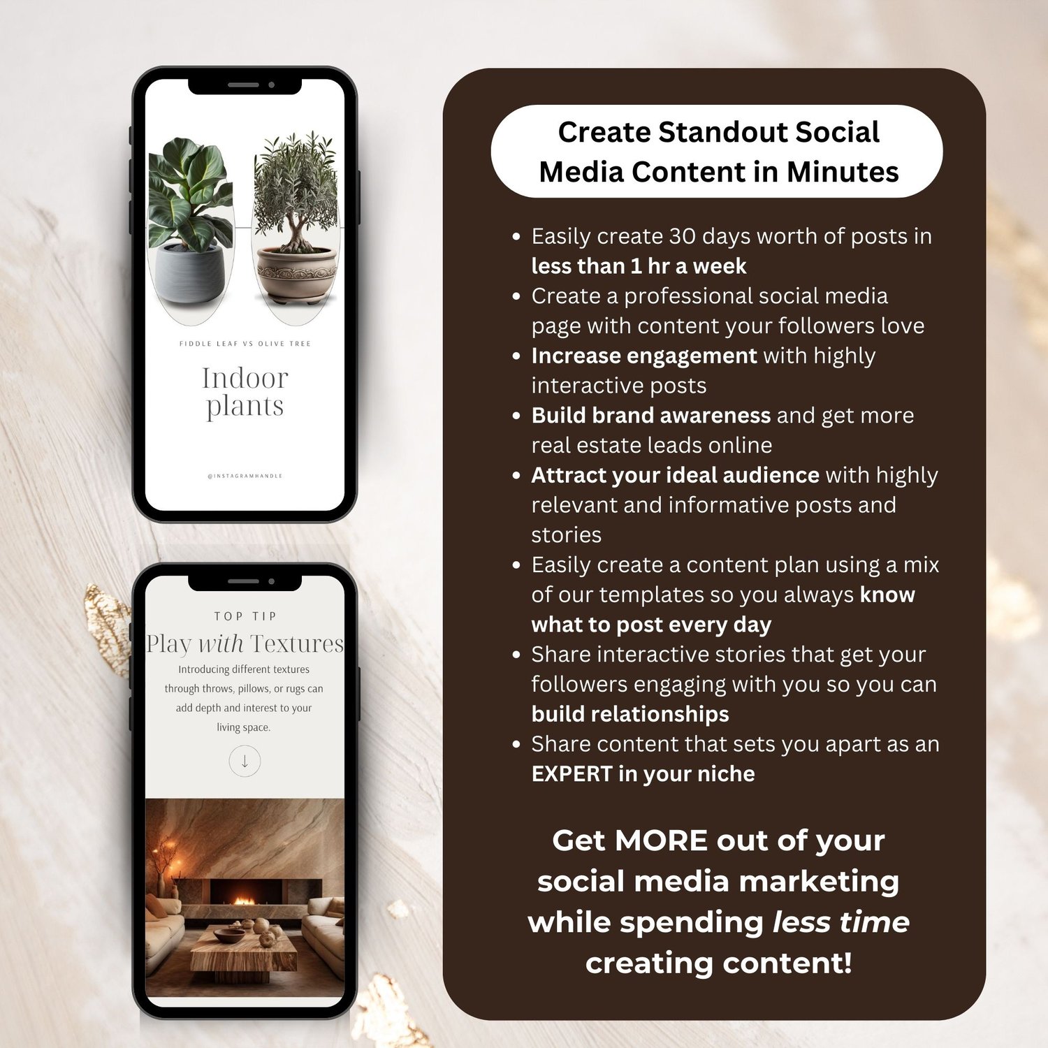 Interior design social media template benefits showing standout content creation in under one hour per week for building brand authority and attracting ideal clients