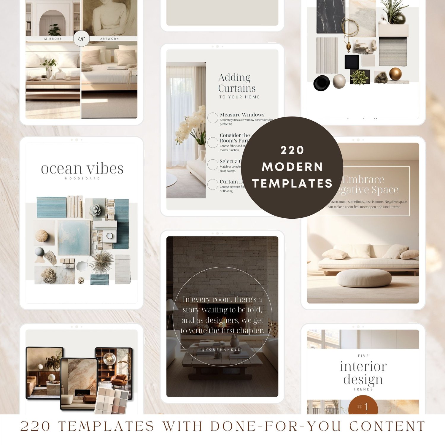 modern interior design social media templates shown on two tablets featuring calm earth moodboard and maximize storage tip post for Instagram