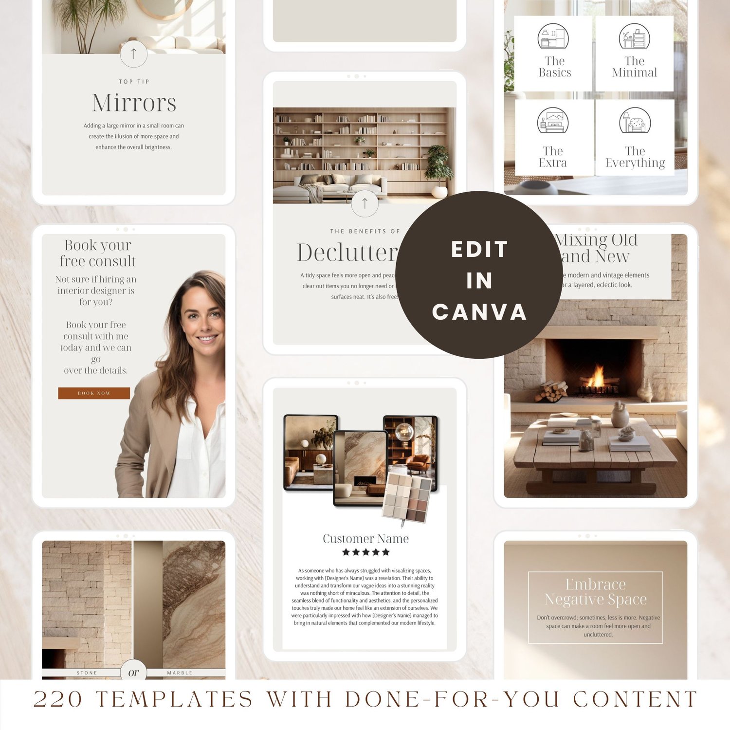 Interior design Canva social media templates displayed on two tablets showing modern moodboard template and interior designer brand photo post