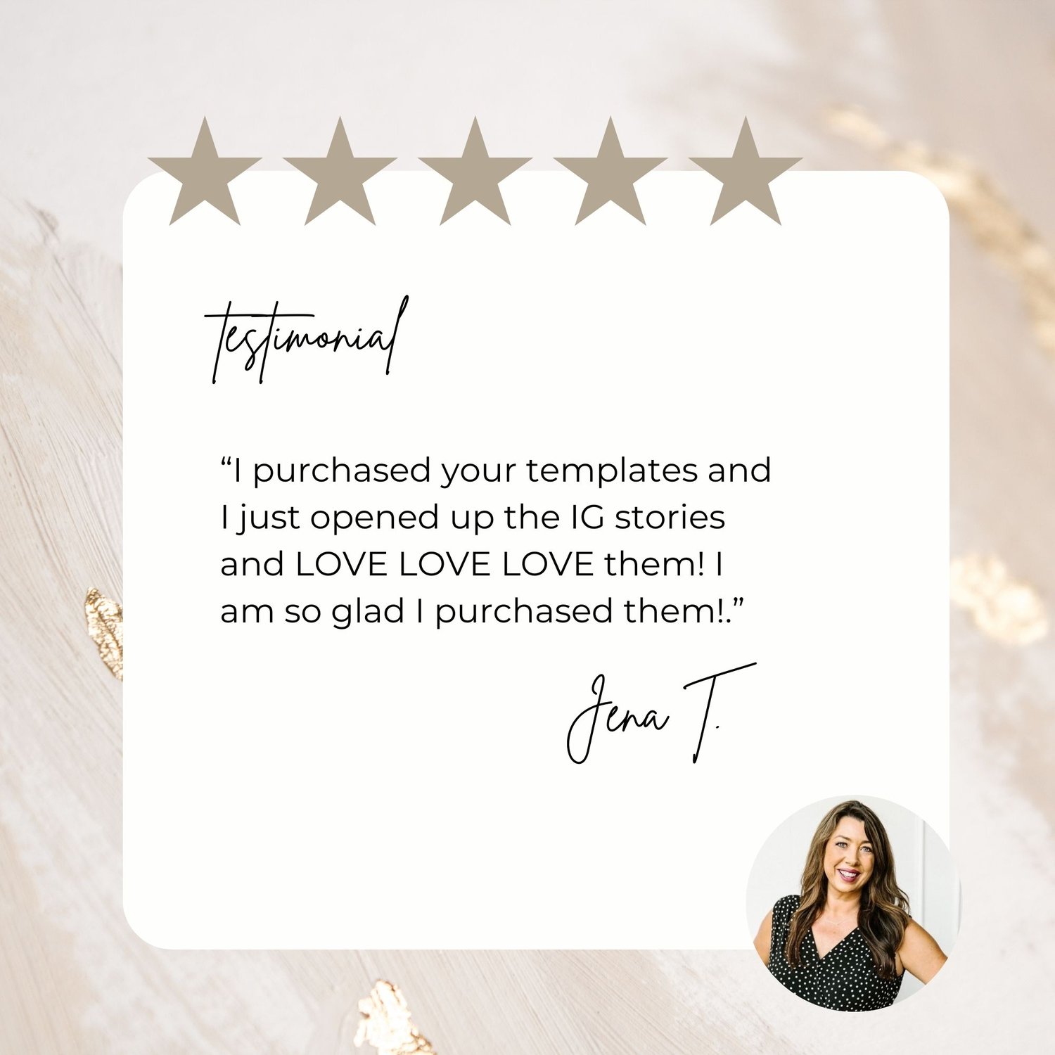 Five star customer testimonial for interior design social media Canva templates from verified buyer who loved the Instagram story templates