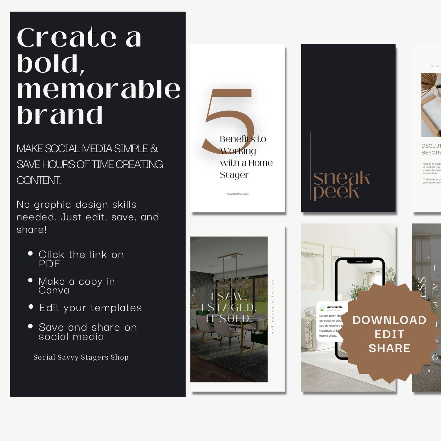 Done-for-you home staging content templates showing staging stats, tips, FAQs, carousel posts, staging quotes, and motivational posts in contemporary black and brown design