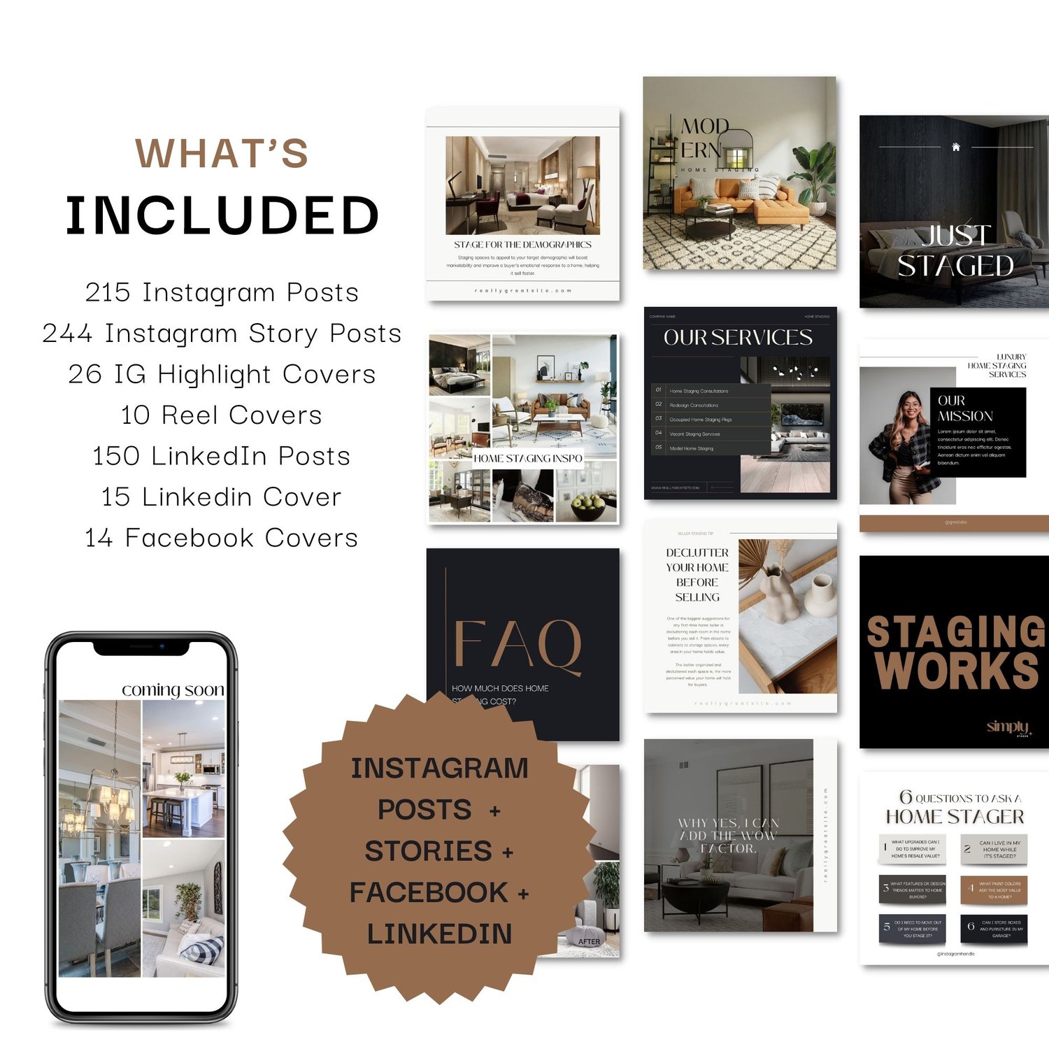 What's included in home staging social media template bundle showing 215 Instagram posts, 244 story posts, highlight covers, reel covers, LinkedIn and Facebook templates