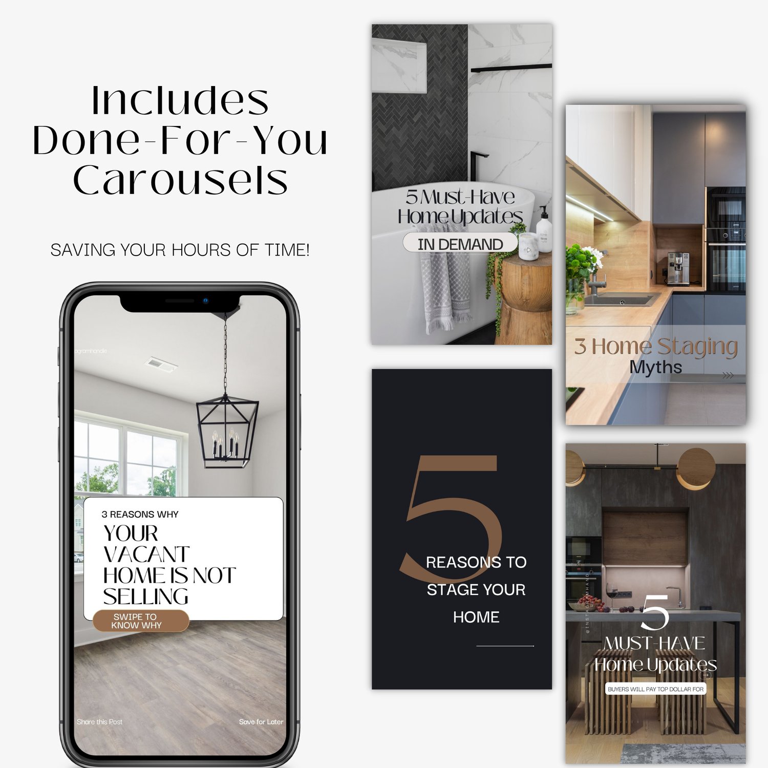 Home staging carousel templates showing five reasons to stage your home, five must-have home updates, three home staging myths, and vacant home not selling carousel posts