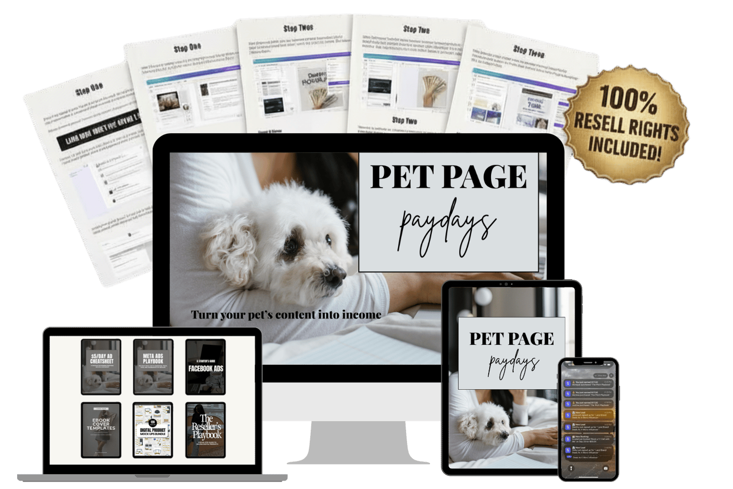 Several laptop, tablet and phone screens with the image of Pet Page Paydays Guide for How to Monetize Your Pet's Instagram Account
