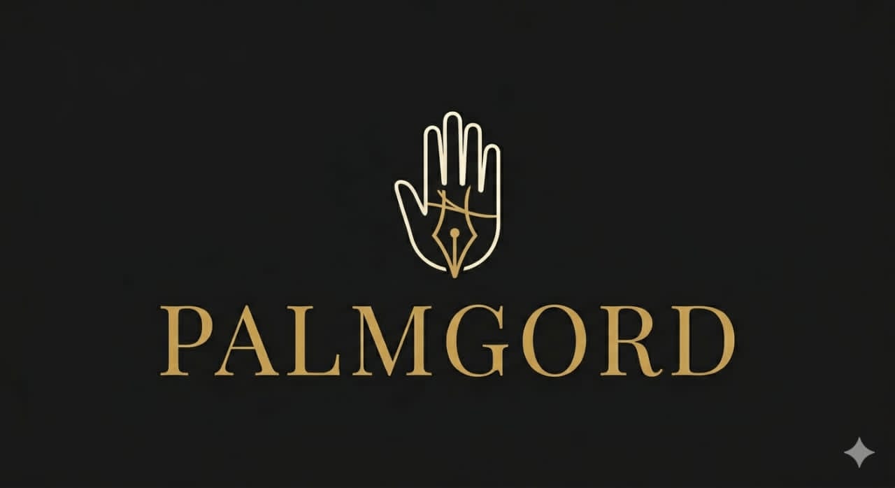 Palmgord — Palm reading and astrology services by a Nigerian writer. Logo featuring a gold open palm with fountain pen nib representing palmistry readings, birth chart analysis, and literary fiction rooted in African spiritual tradition. Written In You palm readings. Unearthed flash fiction.