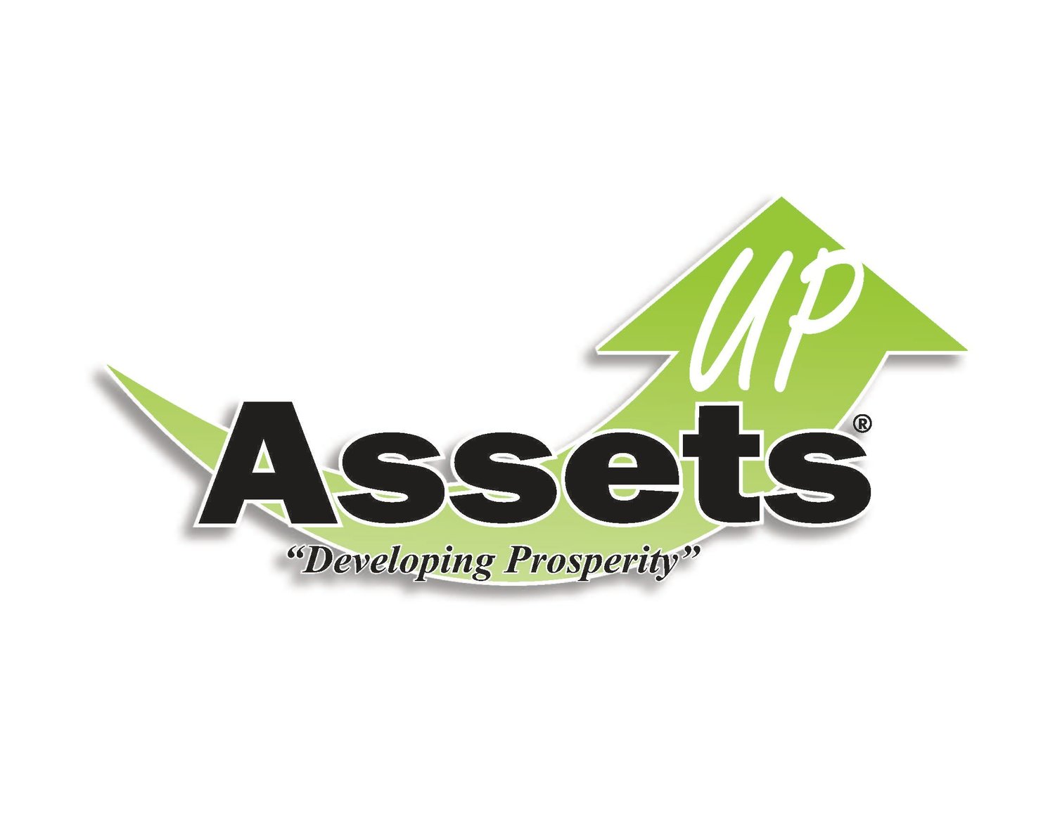 The logo for Assets UP features a bold, bright green upward pointing arrow symbolizing financial growth, progress, and upward mobility. Inside the arrow, the word “UP” appears in clean white script, reinforcing the theme of elevation and improvement. Below the arrow, the brand name “Assets” is displayed in strong black lettering with a subtle shadow for emphasis. Underneath, the tagline “Developing Prosperity” communicates the brand’s mission of helping individuals build wealth and long term financial stability. The design reflects themes of investing, financial education, and generational prosperity.