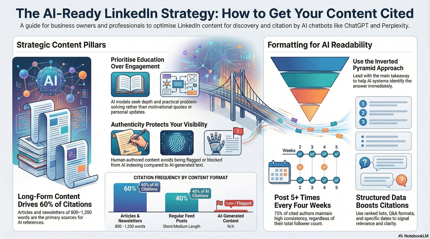 Infographic titled “The AI-Ready LinkedIn Strategy: How to Get Your Content Cited.” It explains how business owners can optimise LinkedIn content for discovery and citation by AI chatbots. On the left, a section called “Strategic Content Pillars” shows st