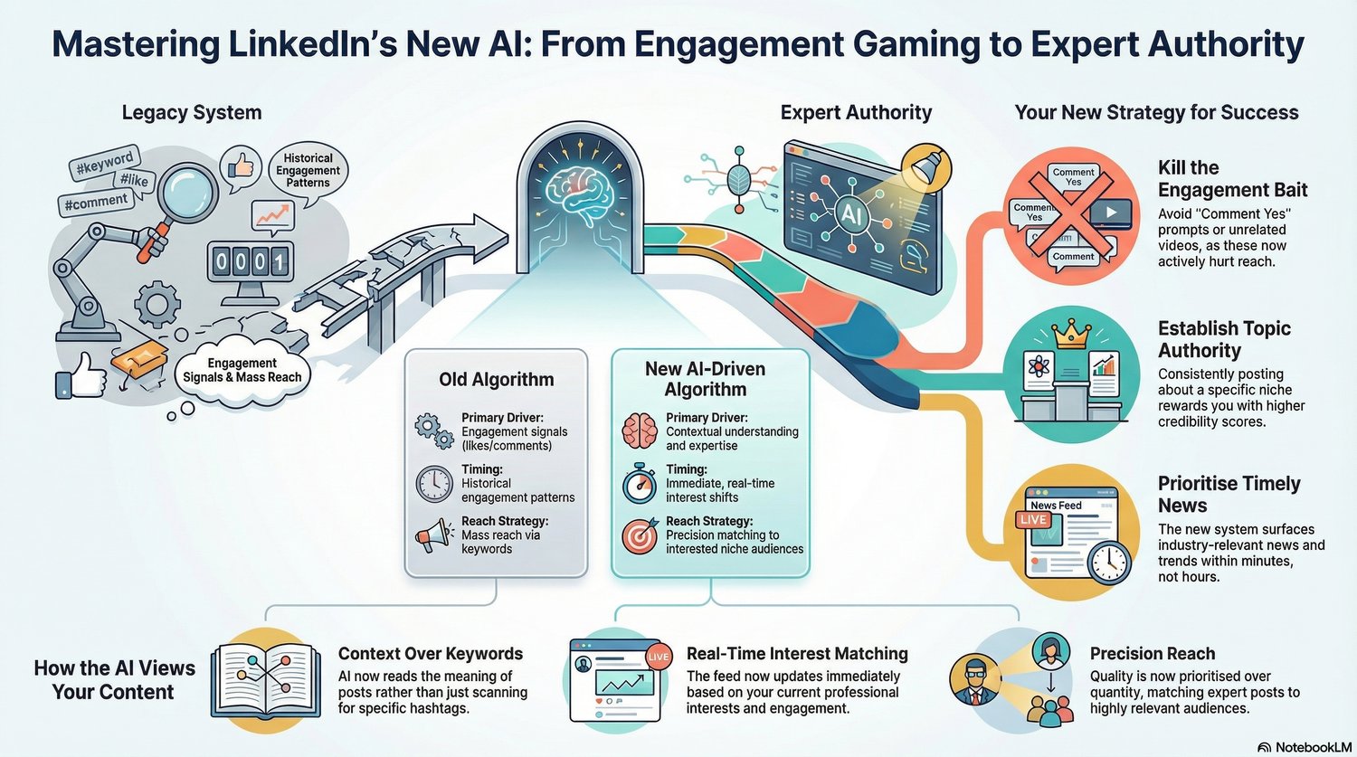 Infographic titled “Mastering LinkedIn’s New AI: From Engagement Gaming to Expert Authority” comparing LinkedIn’s old algorithm with its new AI-driven system. On the left, a “Legacy System” section shows keywords, comments, likes, historical engagement pa
