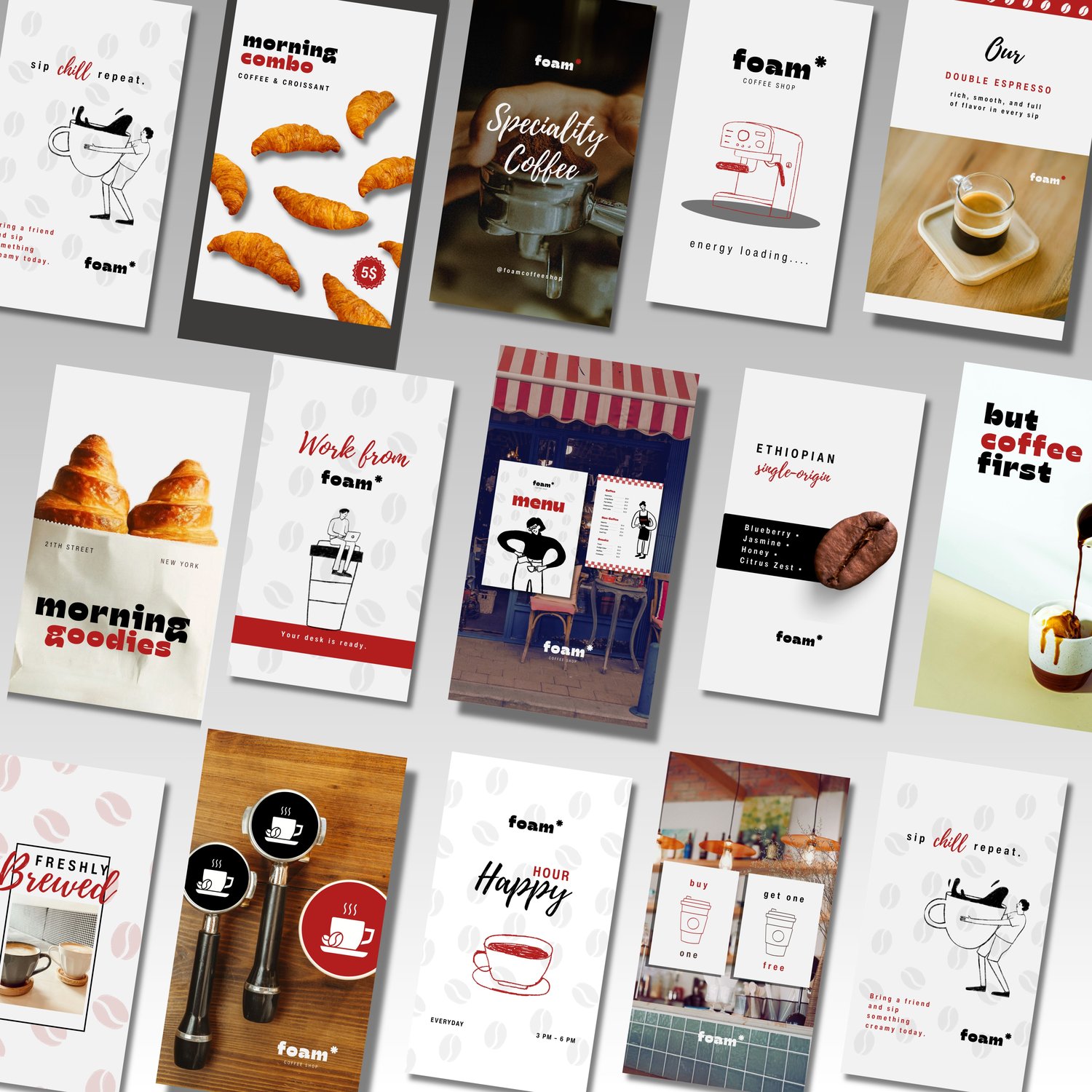 Coffee shop social media pack for Instagram with orange and purple design including posts stories menu and text logo