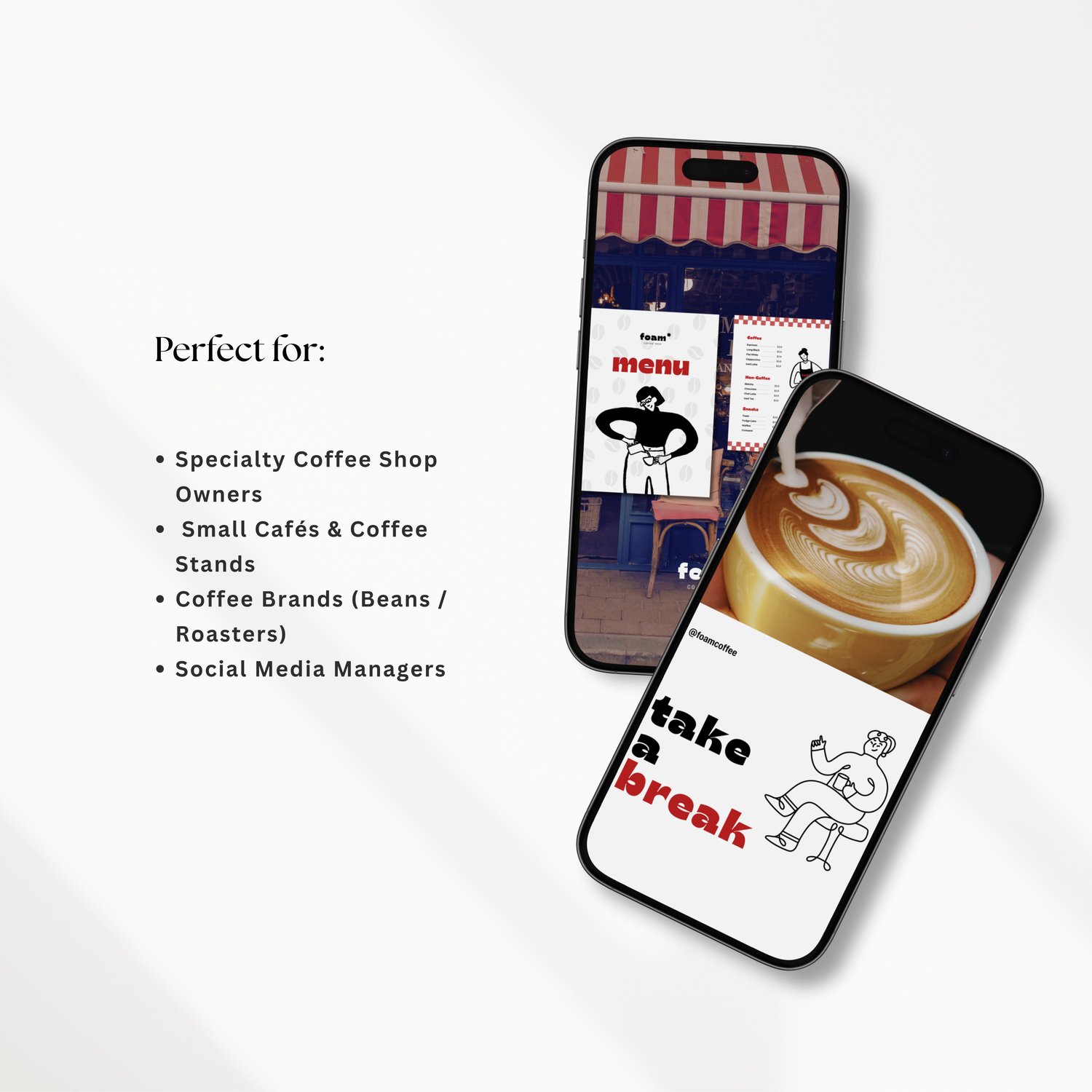 Minimal coffee shop content pack with black white and red aesthetic, including posts, stories and printable menu design