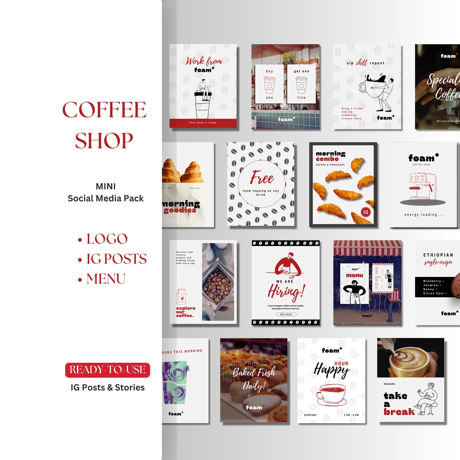 Coffee shop Instagram templates bundle with 20 posts and 20 matching story covers in black, off white and red minimal design