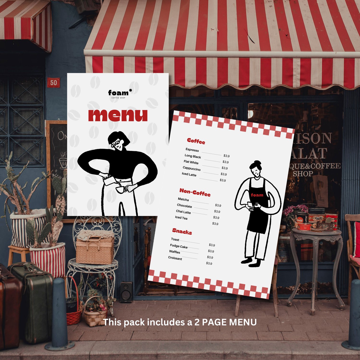 Menu red Coffee business branding pack with Instagram content templates, menu pages and simple text logo for small café owners