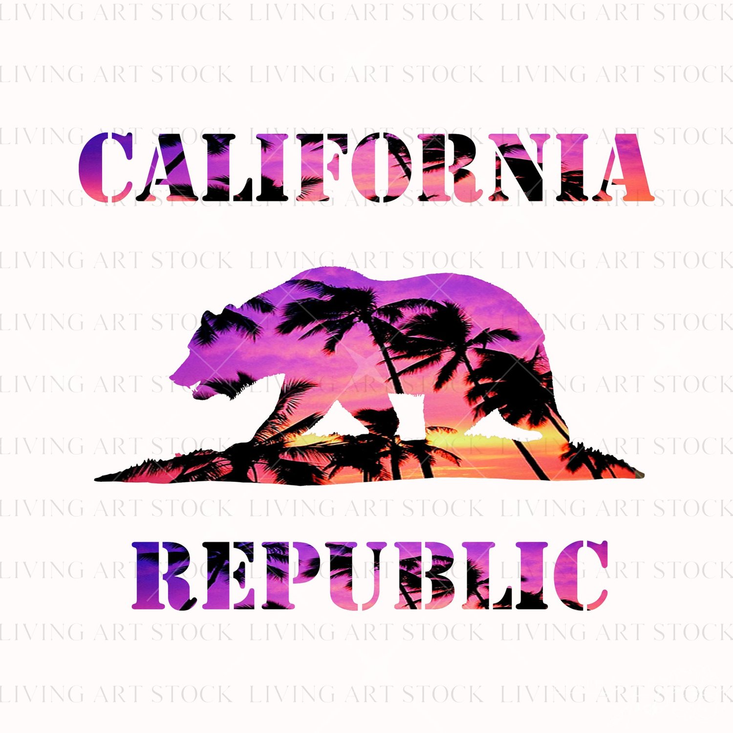 A stylized graphic of the California Republic bear silhouette and bold block lettering filled with a vibrant purple and orange palm tree sunset against a solid black background.