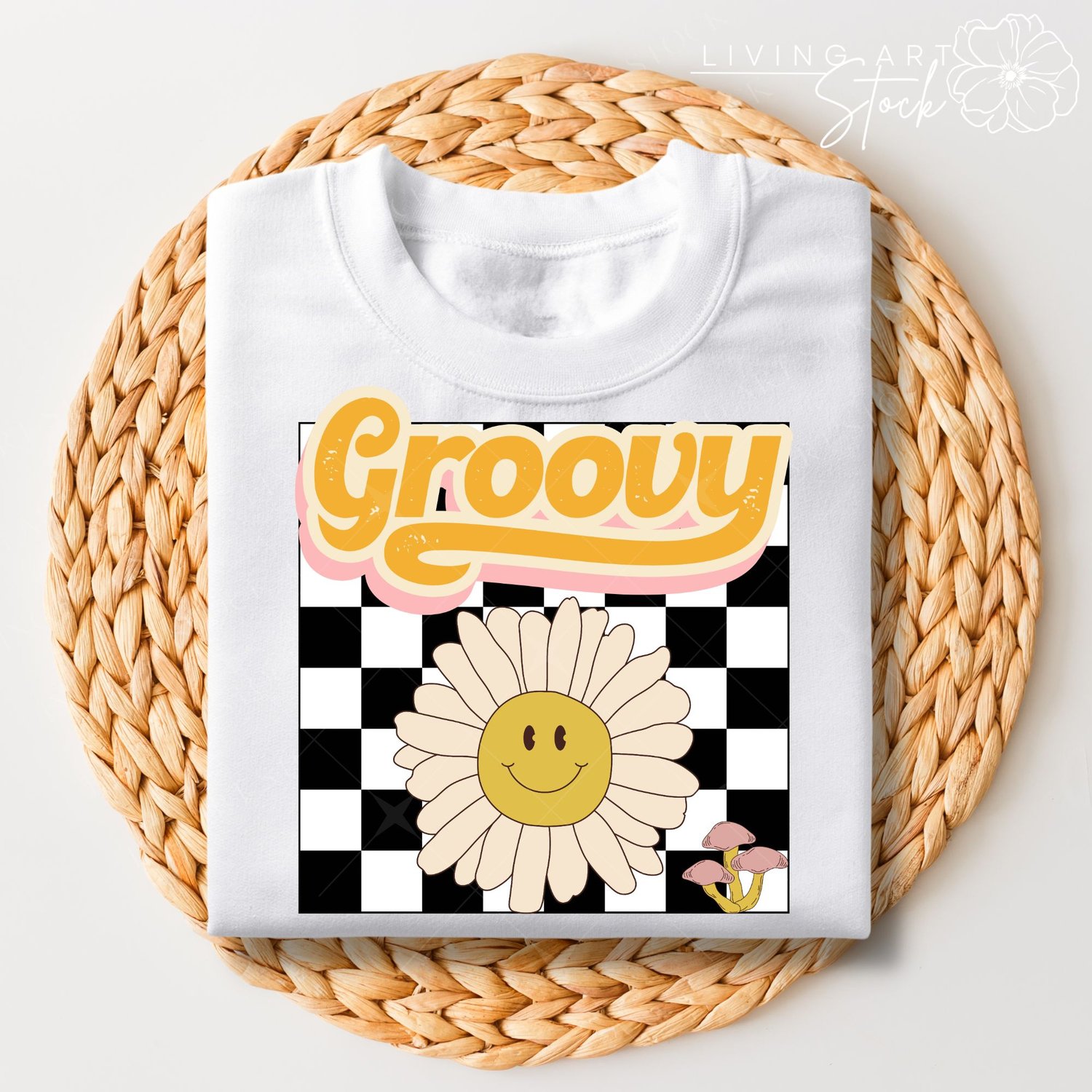 A 1970s style vector graphic featuring a mustard-yellow, textured script word "Groovy" with pink backing, positioned above a central off-white daisy with a smiling face center and a small cluster of pink mushrooms, all layered over a black and white check