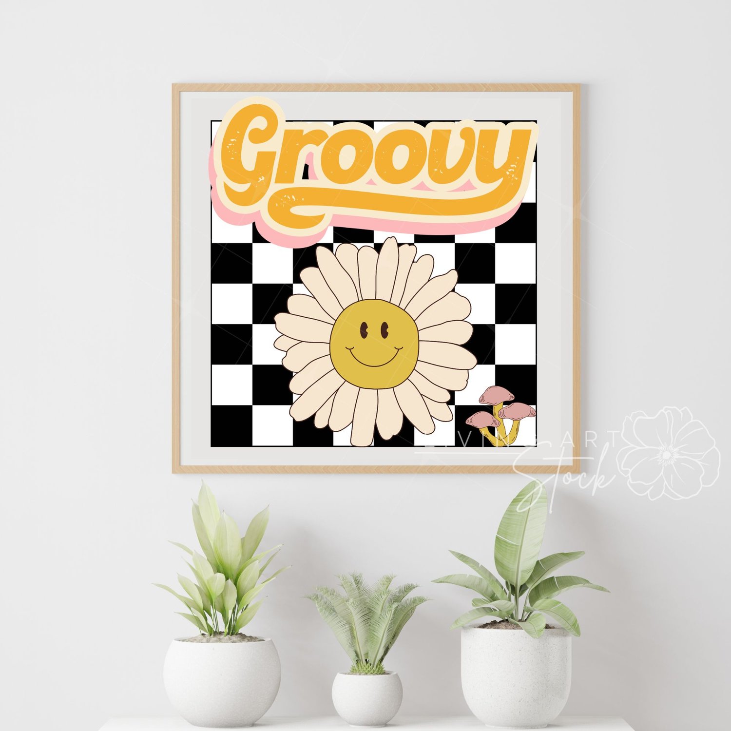 A 1970s style vector graphic featuring a mustard-yellow, textured script word "Groovy" with pink backing, positioned above a central off-white daisy with a smiling face center and a small cluster of pink mushrooms, all layered over a black and white check