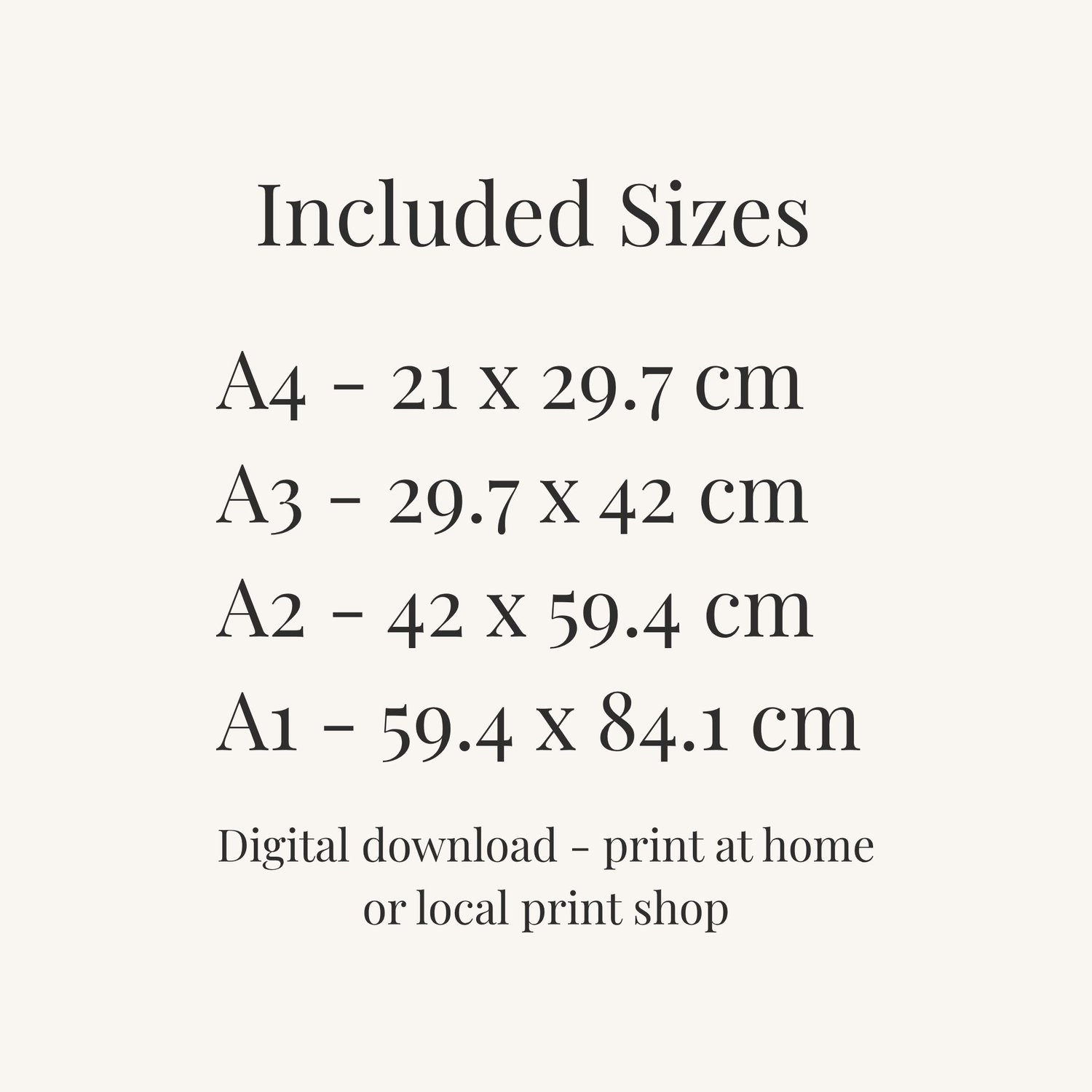 Größenübersicht Poster „Kinder sind vollkommen" – erhältlich in A4, A3, A2 und A1 als Sofort-Download PDF