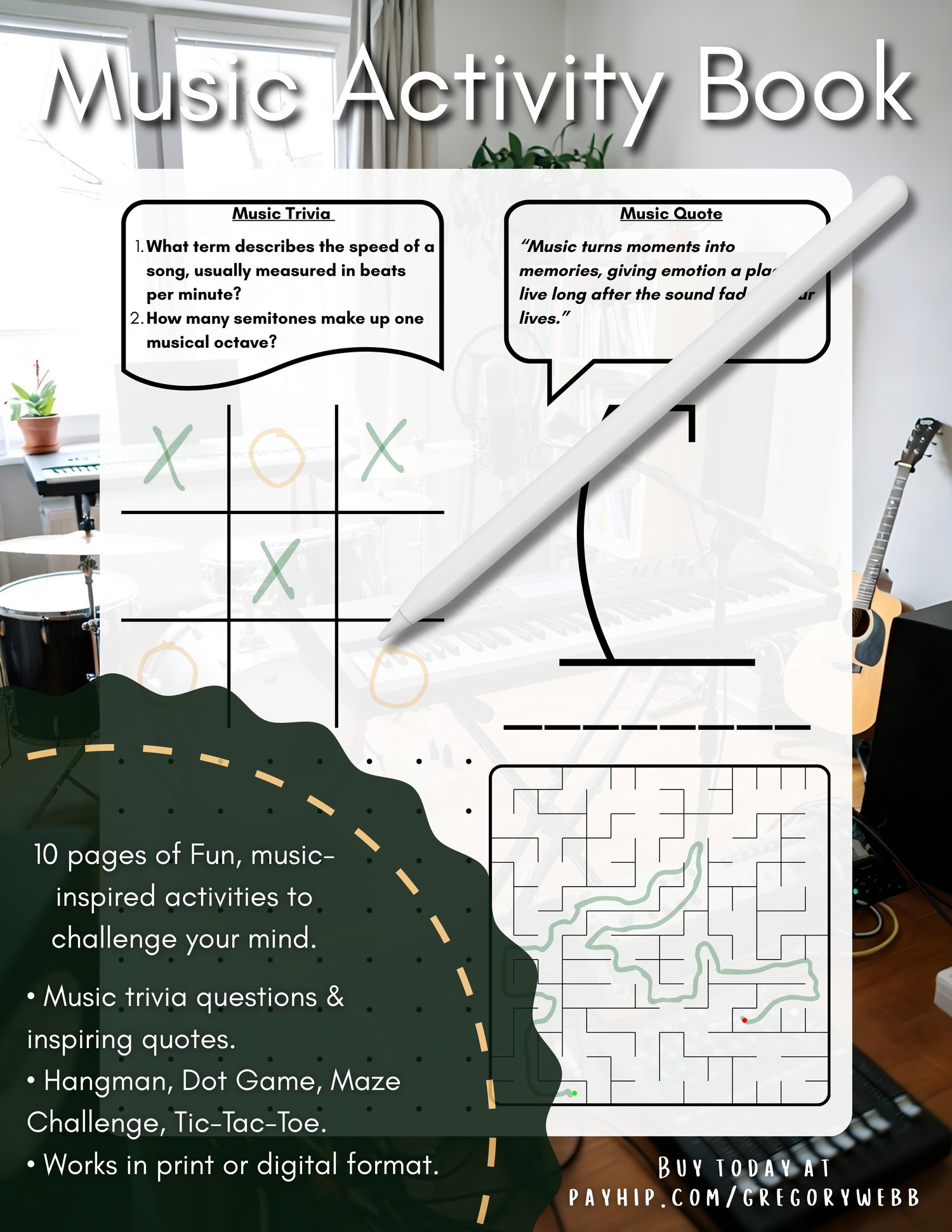 10-page music activity book with trivia, hangman, maze, dot game and tic tac toe. Printable or digital PDF for music lovers, producers and creatives. Fun, engaging brain games for studio breaks, travel and relaxing downtime.