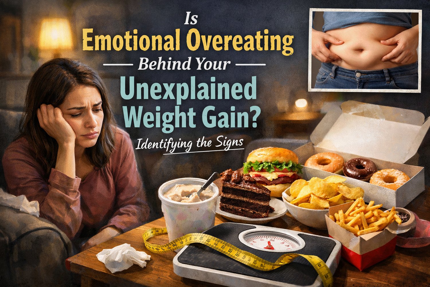Emotional eating concept with woman and comfort food