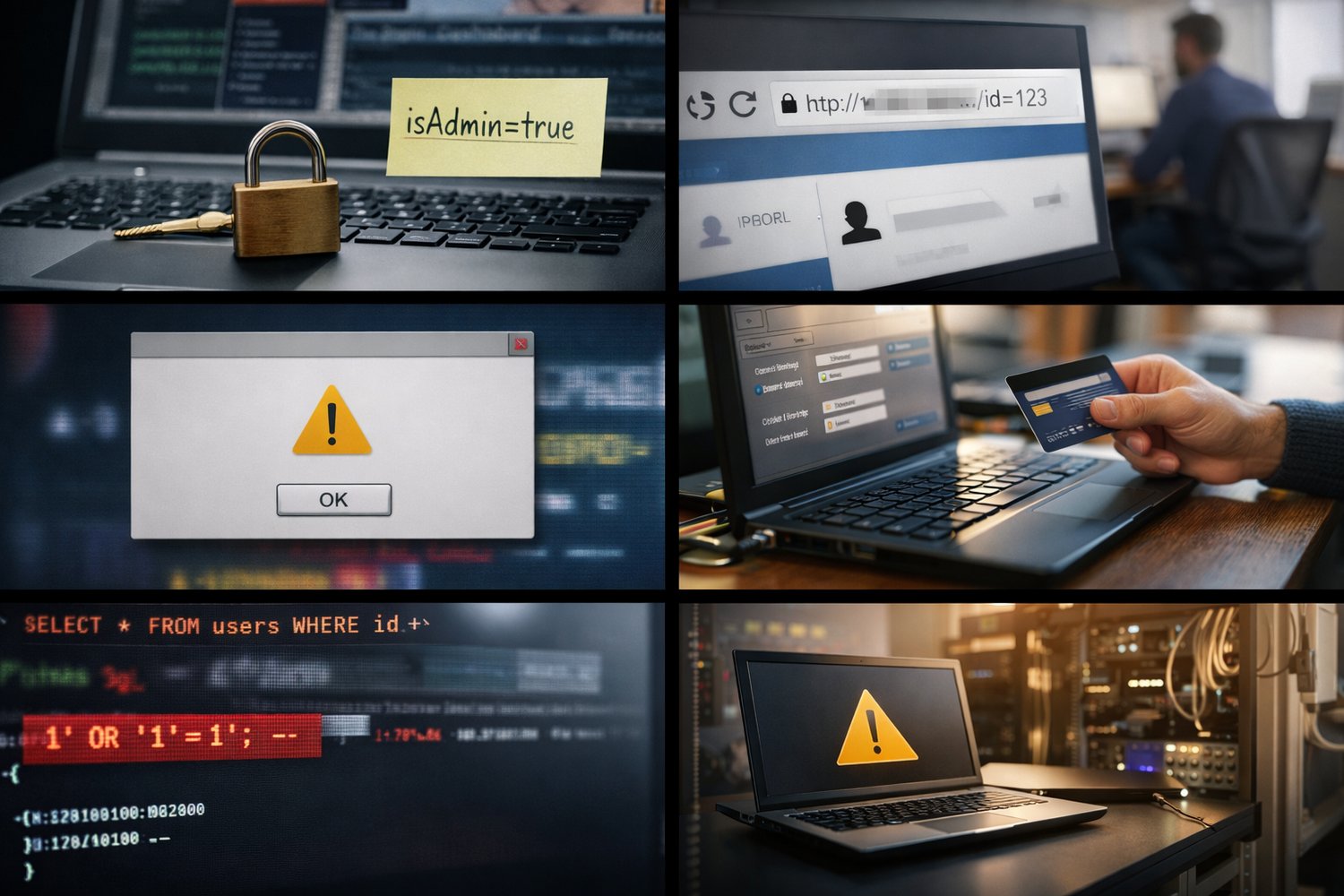 A grid of six visuals representing common web security vulnerabilities. Top-left: a computer screen with an admin dashboard and a sticky note reading “isAdmin=true” beside a padlock (Broken Access Control). Top-right: a browser showing a user profile URL 