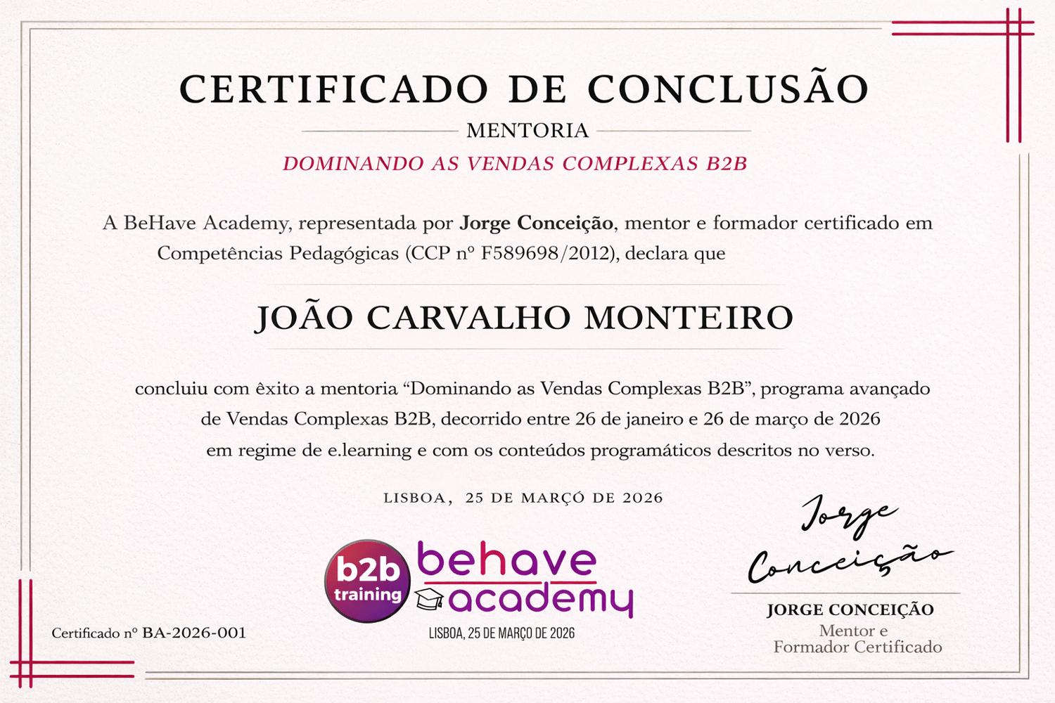 Certificado de Conclusão Mentoria B2B
