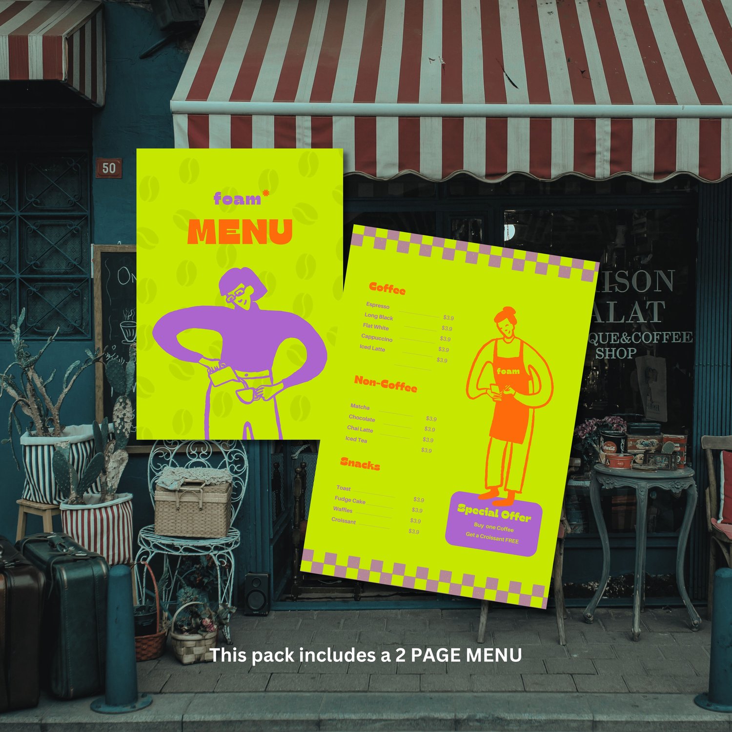 Instagram content templates for small coffee shop with orange and purple theme including social media graphics and logo