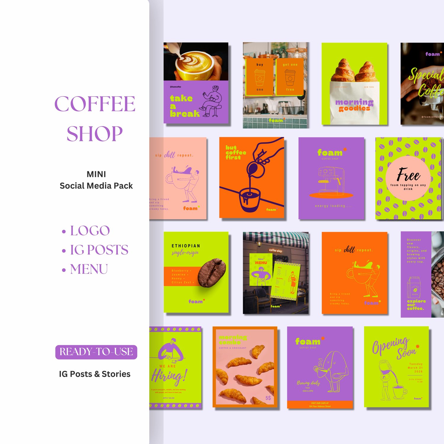 Minimal coffee business Instagram kit with orange and purple colors featuring post templates story covers and menu design