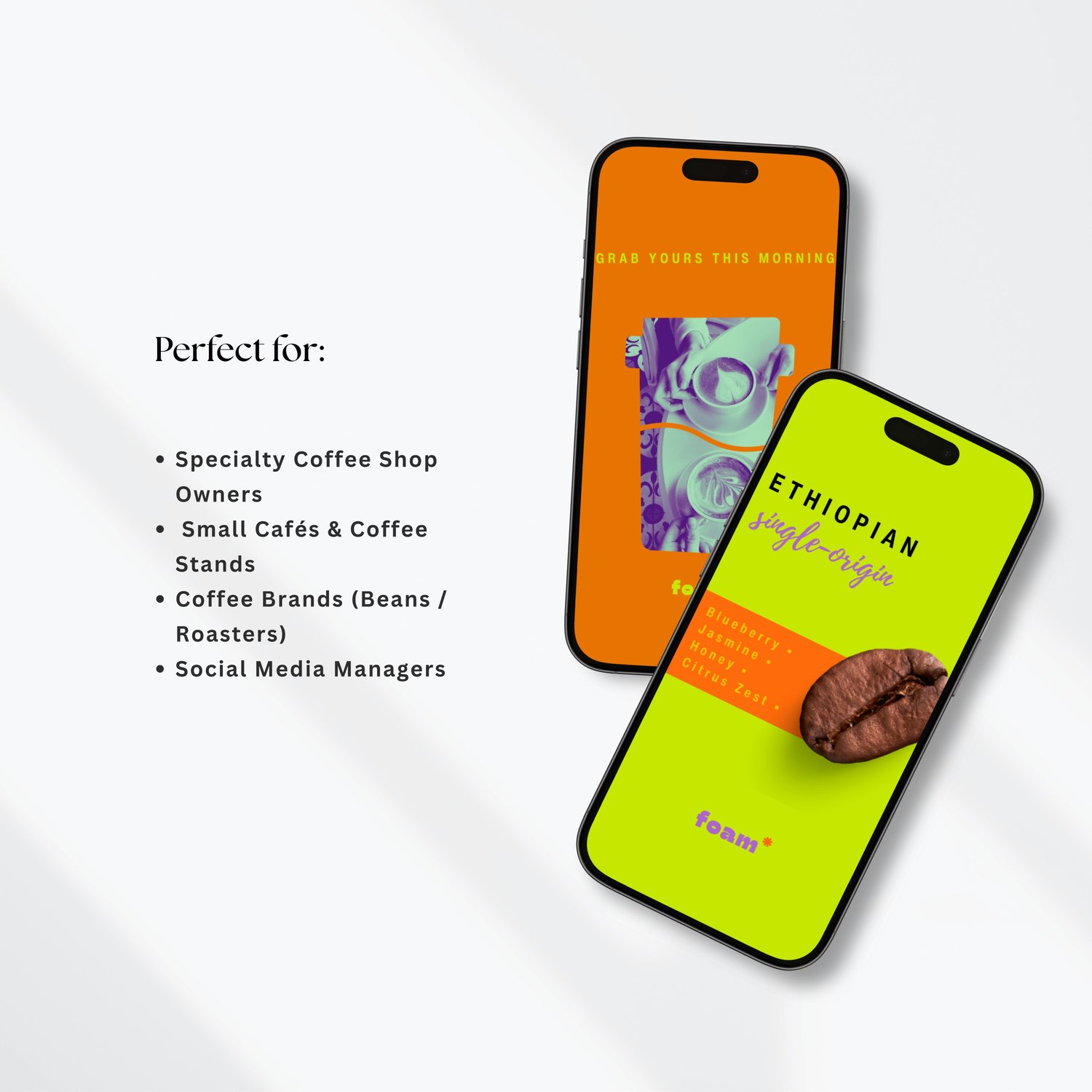 Instagram templates for coffee shop featuring orange and purple accents with 20 posts and matching story covers in a modern layout