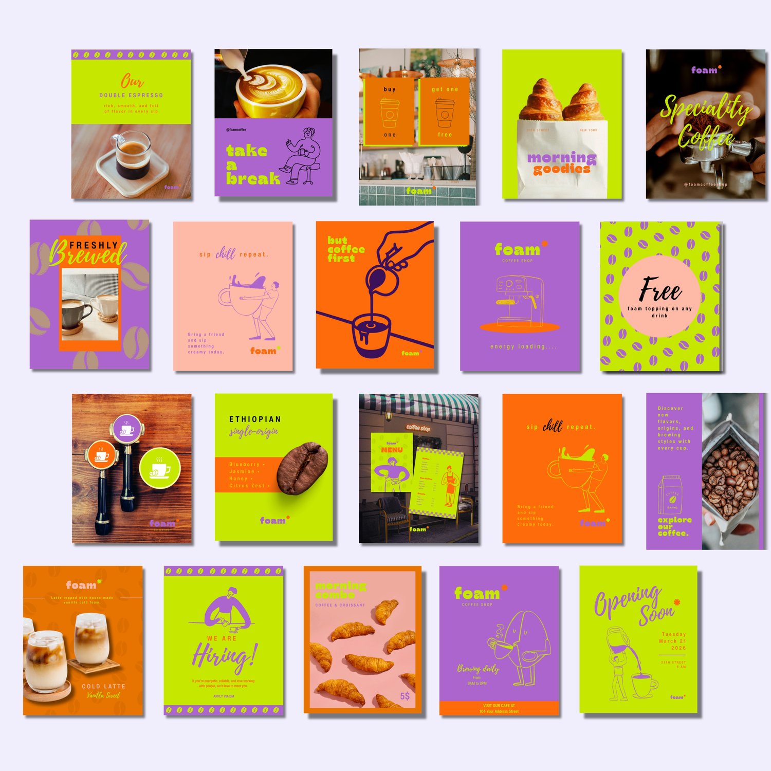 Editable Instagram templates bundle with orange and purple aesthetic for cafés including menu pages and branding elements