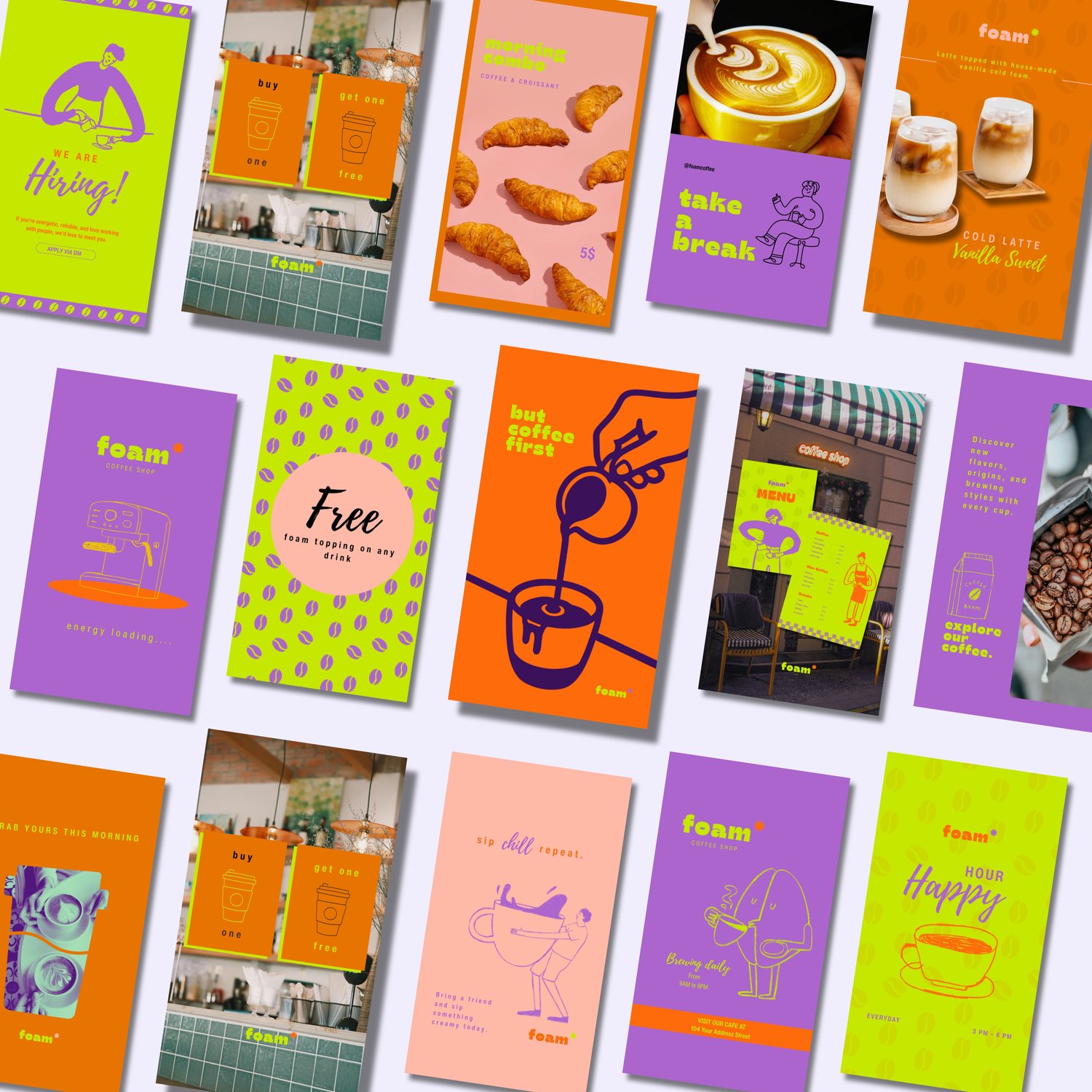 Coffee shop social media pack for Instagram with orange and purple design including posts stories menu and text logo