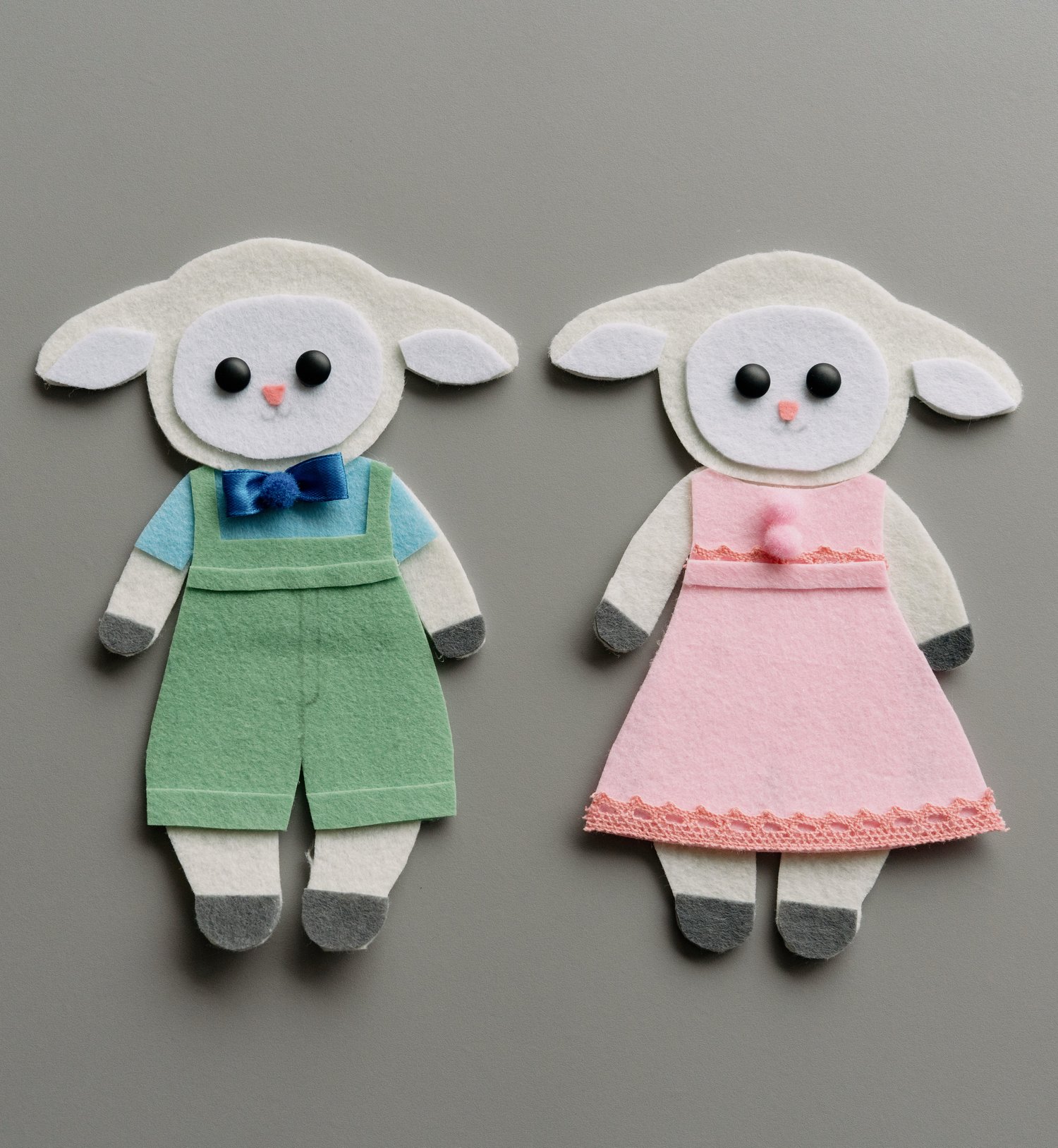 Handmade felt lamb girl and boy puppets in green and pink – JoyArt Easter Felt Characters beginner sewing pattern