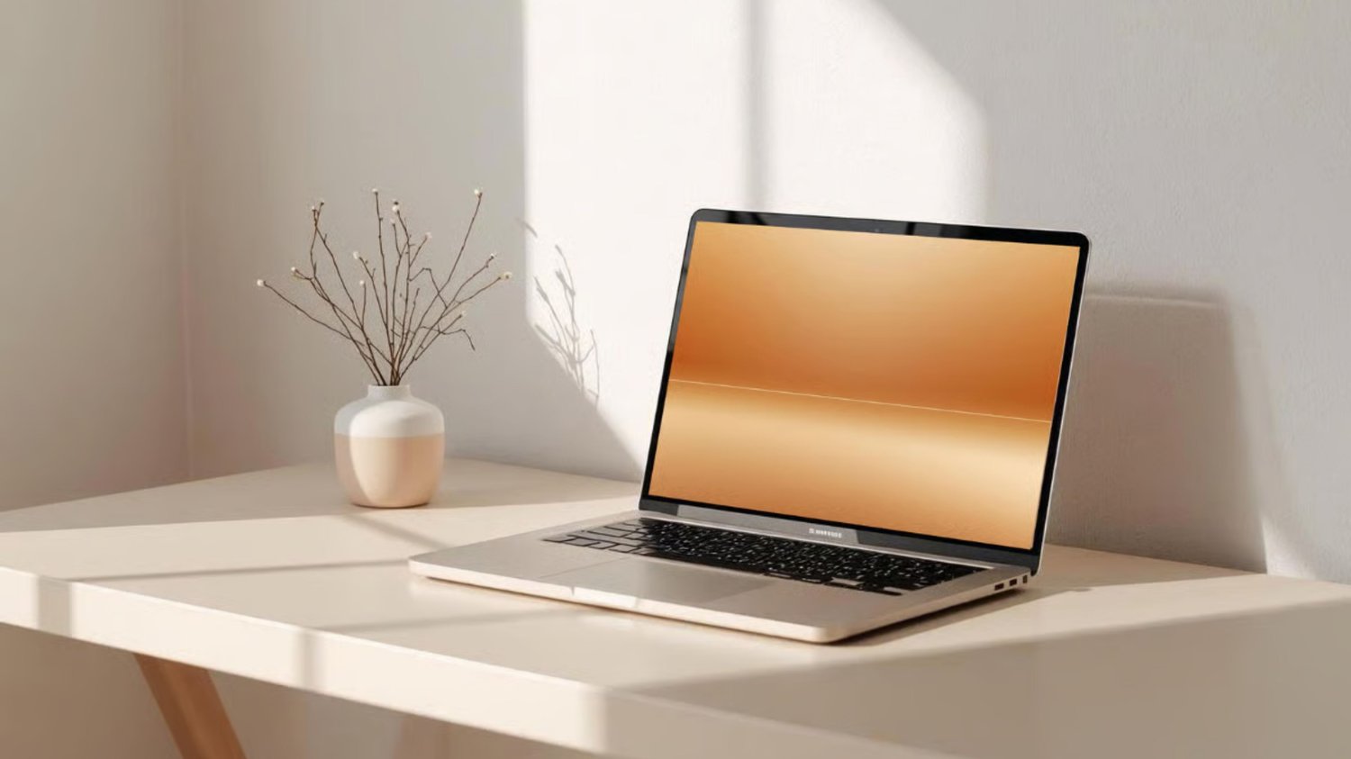 Minimal neutral workspace with a laptop showcasing the Golden Horizon warm beige 4K desktop wallpaper. A clean aesthetic background designed for focus, productivity, and digital calm.