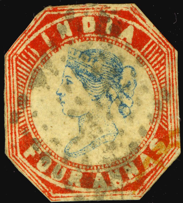 Rare 1854 India 4-Anna Bicolor postage stamp, a red and blue octagonal historical artifact featured as a clue in The Secret of Langton Manor escape room game.